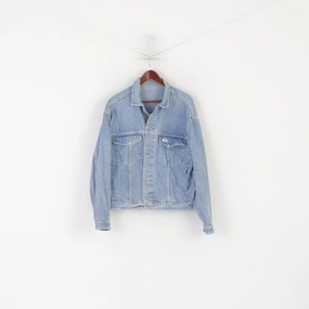 Quiksilver Men L Denim Jacket Blue Cotton Vintage Aztec Jeanswear Top Aim Simple Look