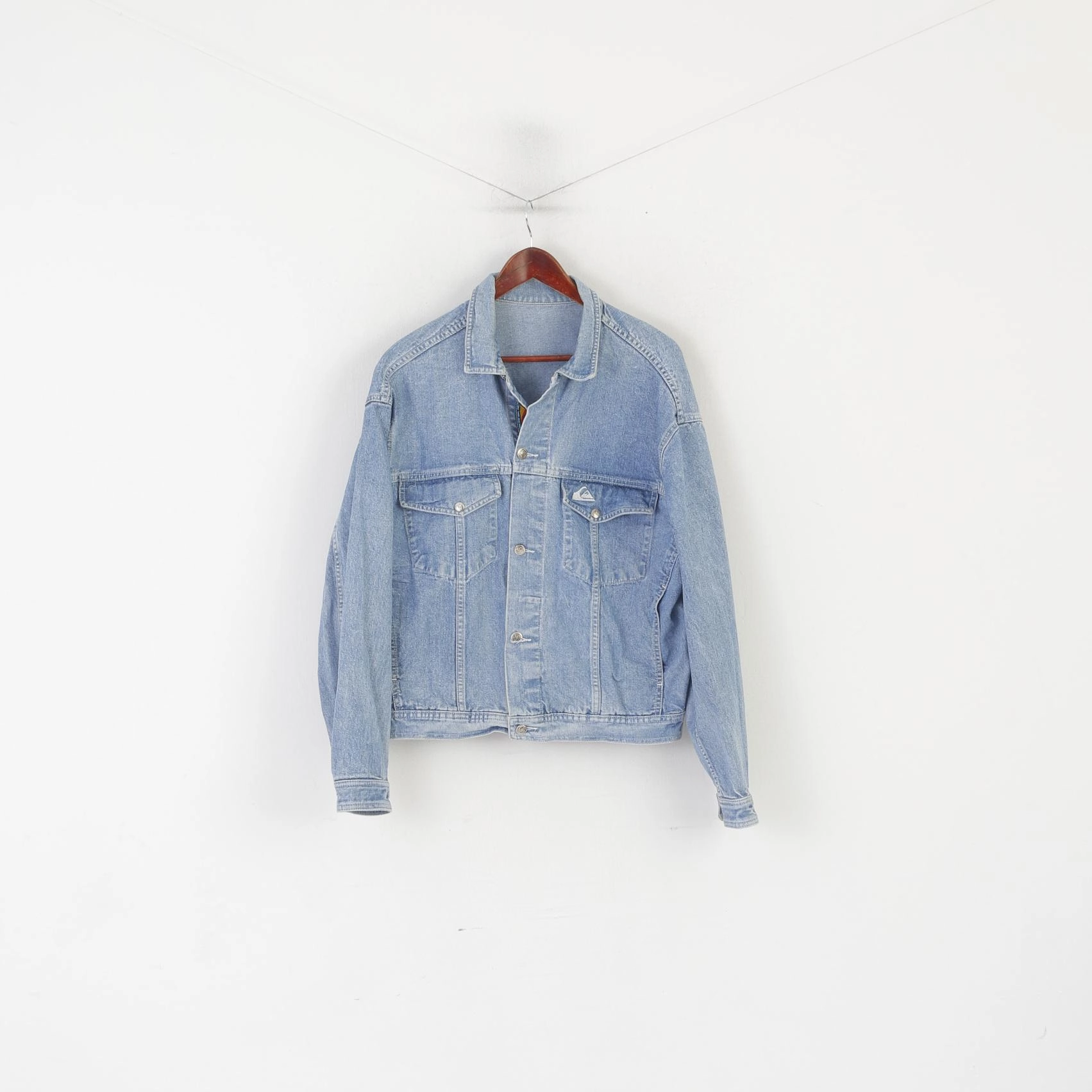 Quiksilver Men L Denim Jacket Blue Cotton Vintage Aztec Jeanswear Top Aim Simple Look