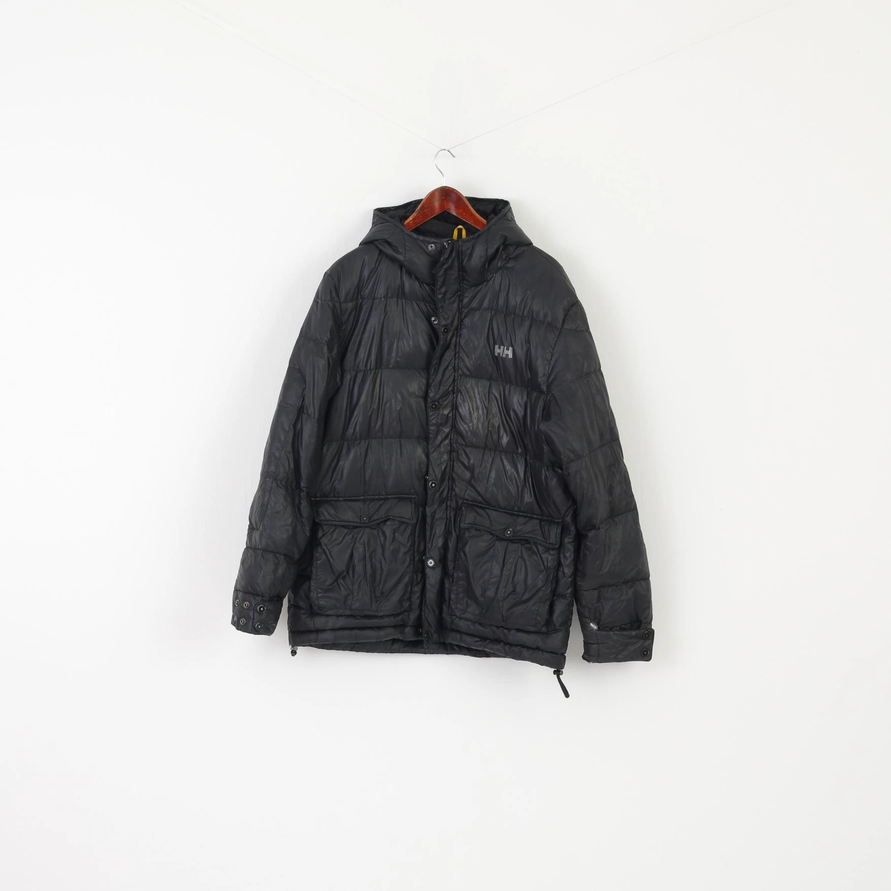 suitable for work commutes Comfy Layer Helly Hansen Men L Jacket Black Padded Goose Down Hooded Full Zipper Winter Top