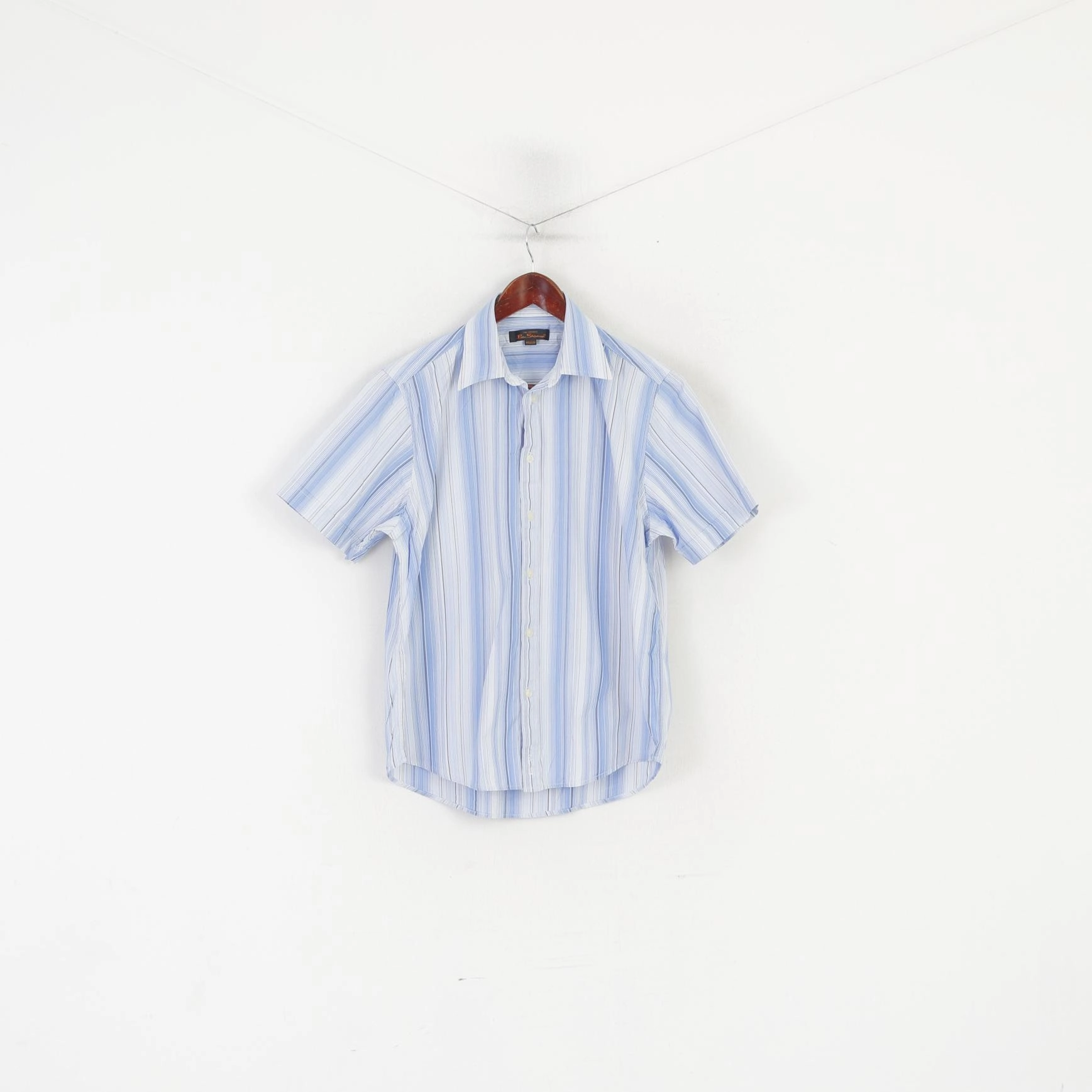 Luxurious Feel V-Neck Ben Sherman Men M Casual Shirt Blue Cotton Striped Short Sleeve Top