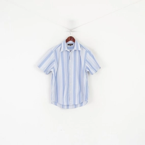 Luxurious Feel V-Neck Ben Sherman Men M Casual Shirt Blue Cotton Striped Short Sleeve Top
