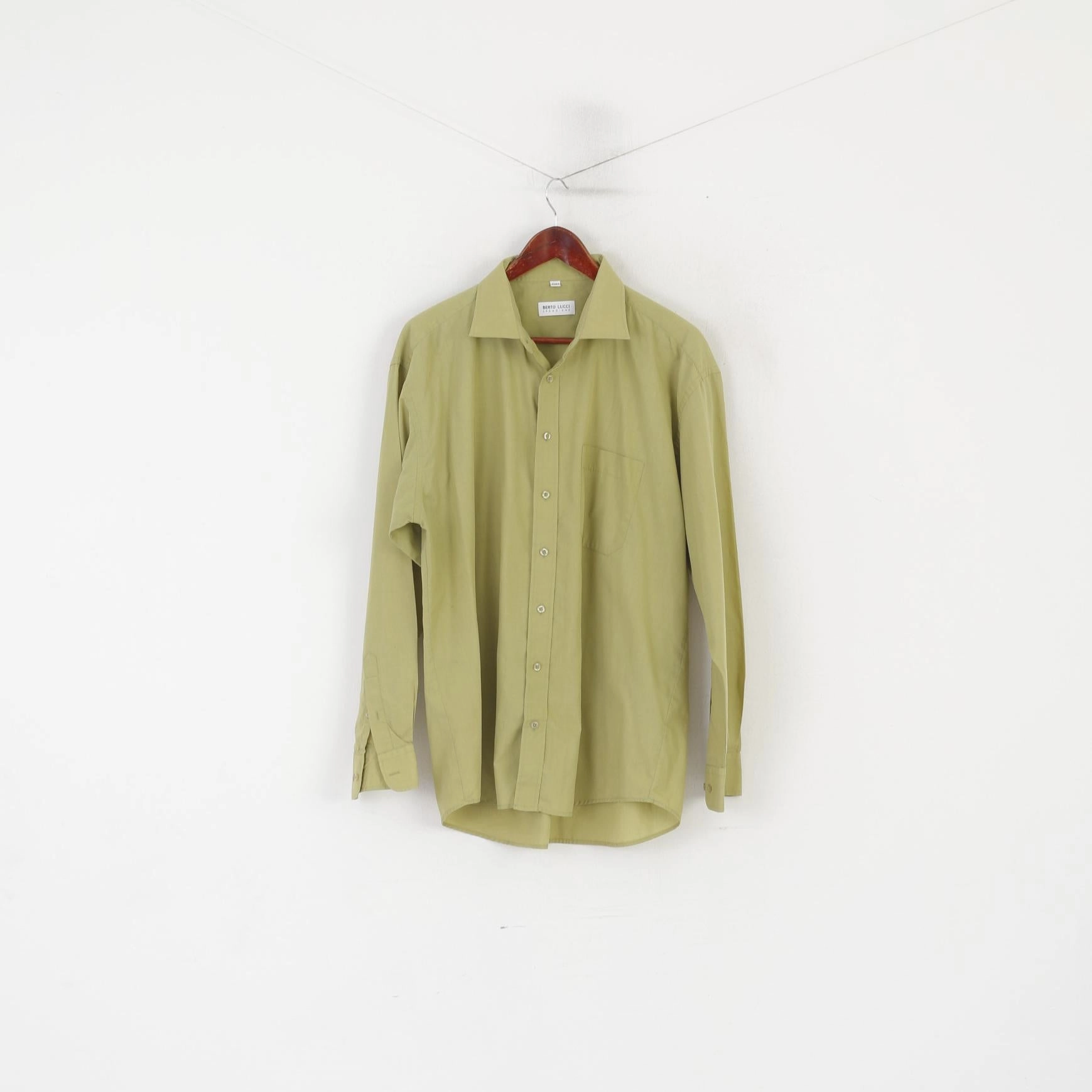 Mix-And-Match Berto Lucci Creazione Men 43/44 XL Casual Shirt Green Cotton Long Sleeve Top