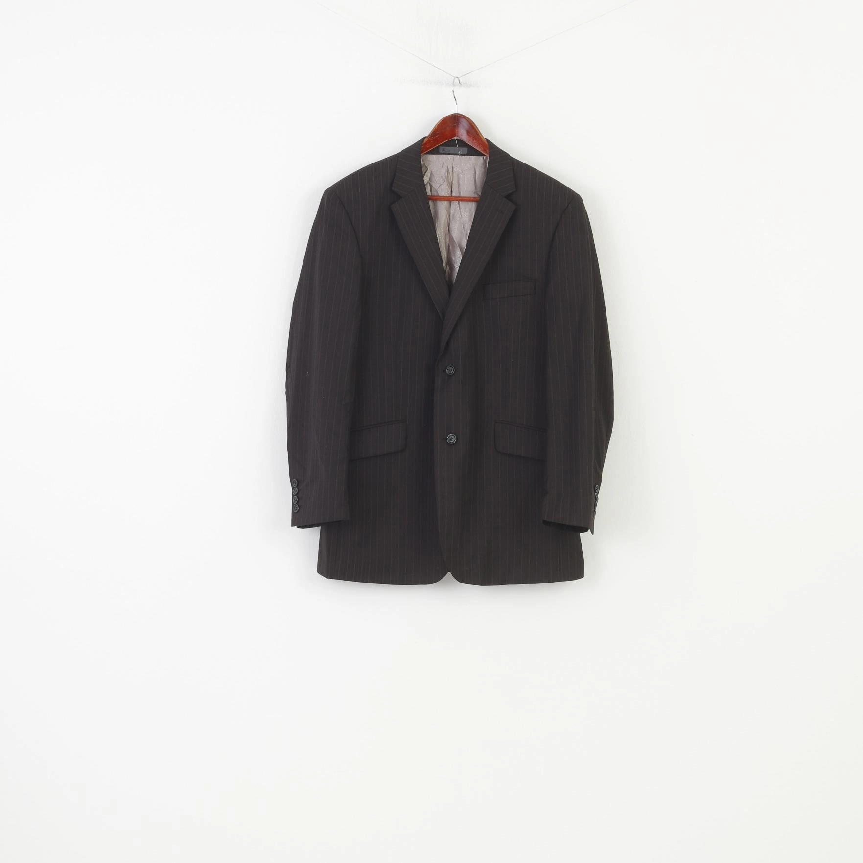 Invoice MultiPocketDesign BHS Men 42 Blazer Striped Brown Single Breasted Shoulder Pads Wool Classic Jacket