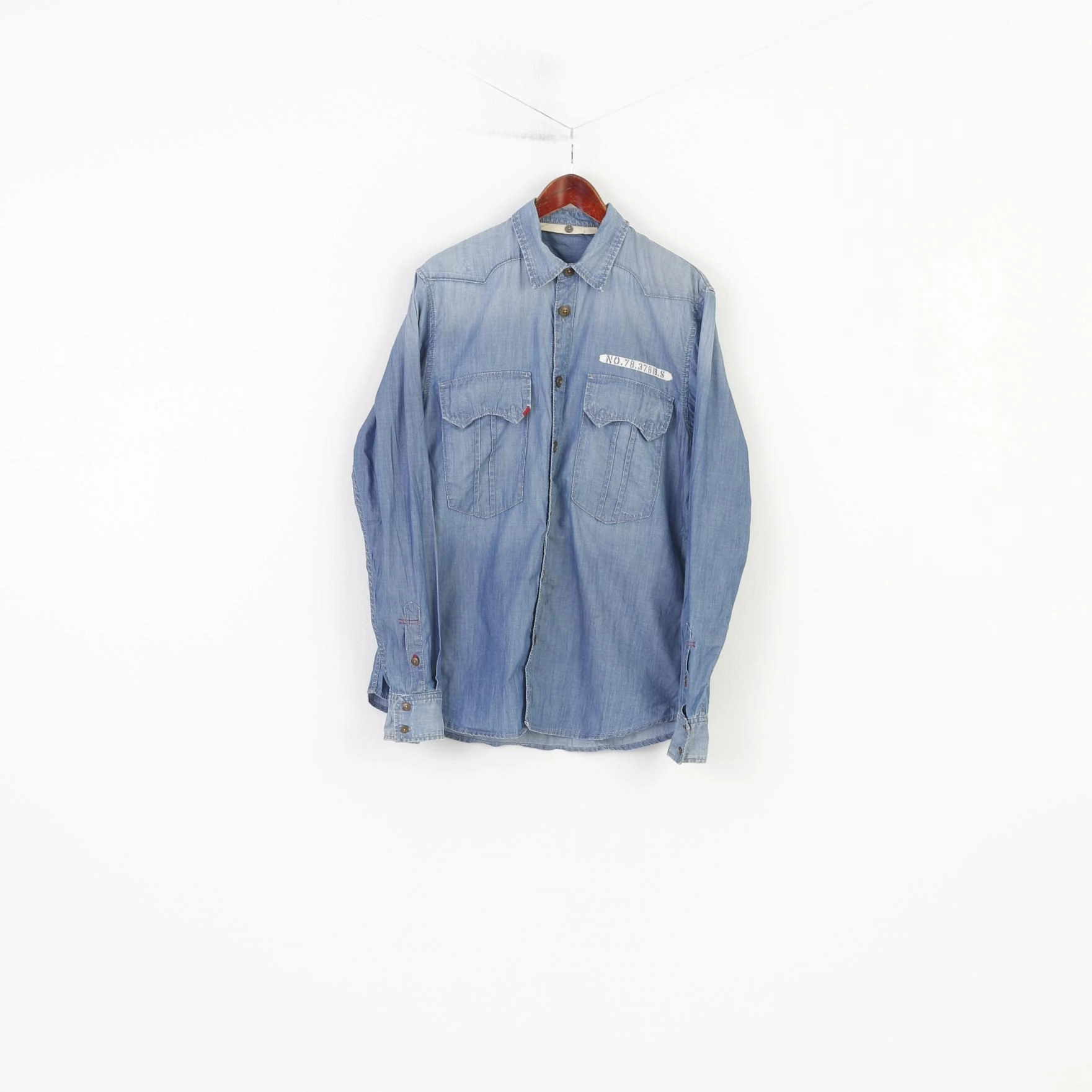 Stylish Appearance Graduation Attire Big Star Men 2XL XL Casual Shirt Cotton Jeans Denim Blue Long Sleeve Pockets Collar  Top