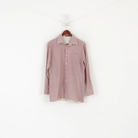 Fitted Shape KKK Men M Casual Shirt Cream Cotton Vintage Pink Check Long Sleeve Top