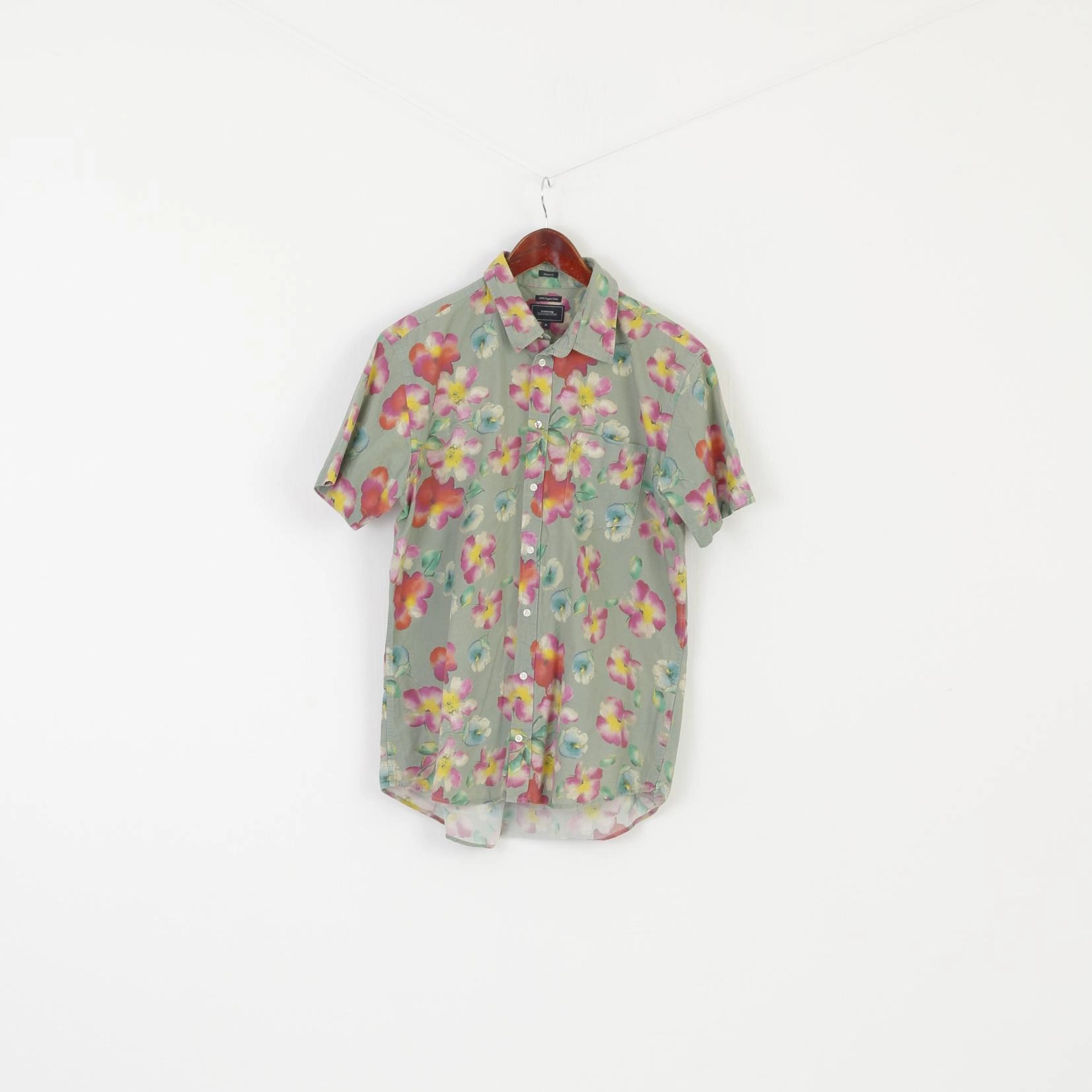 Boomerang Men M Casual Shirt Green Floral Organic Cotton Tailored Fit Top Interview Ready Standalone Option