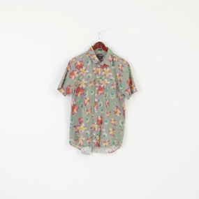 Boomerang Men M Casual Shirt Green Floral Organic Cotton Tailored Fit Top Interview Ready Standalone Option