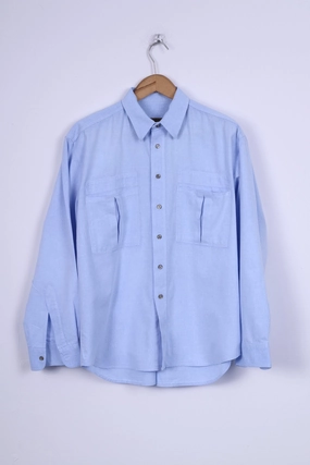 Jean Juubat Mens 42 M Casual Shirt Cotton Blue Long Sleeve Two Pockets Layering Piece Micro Perforated Texture