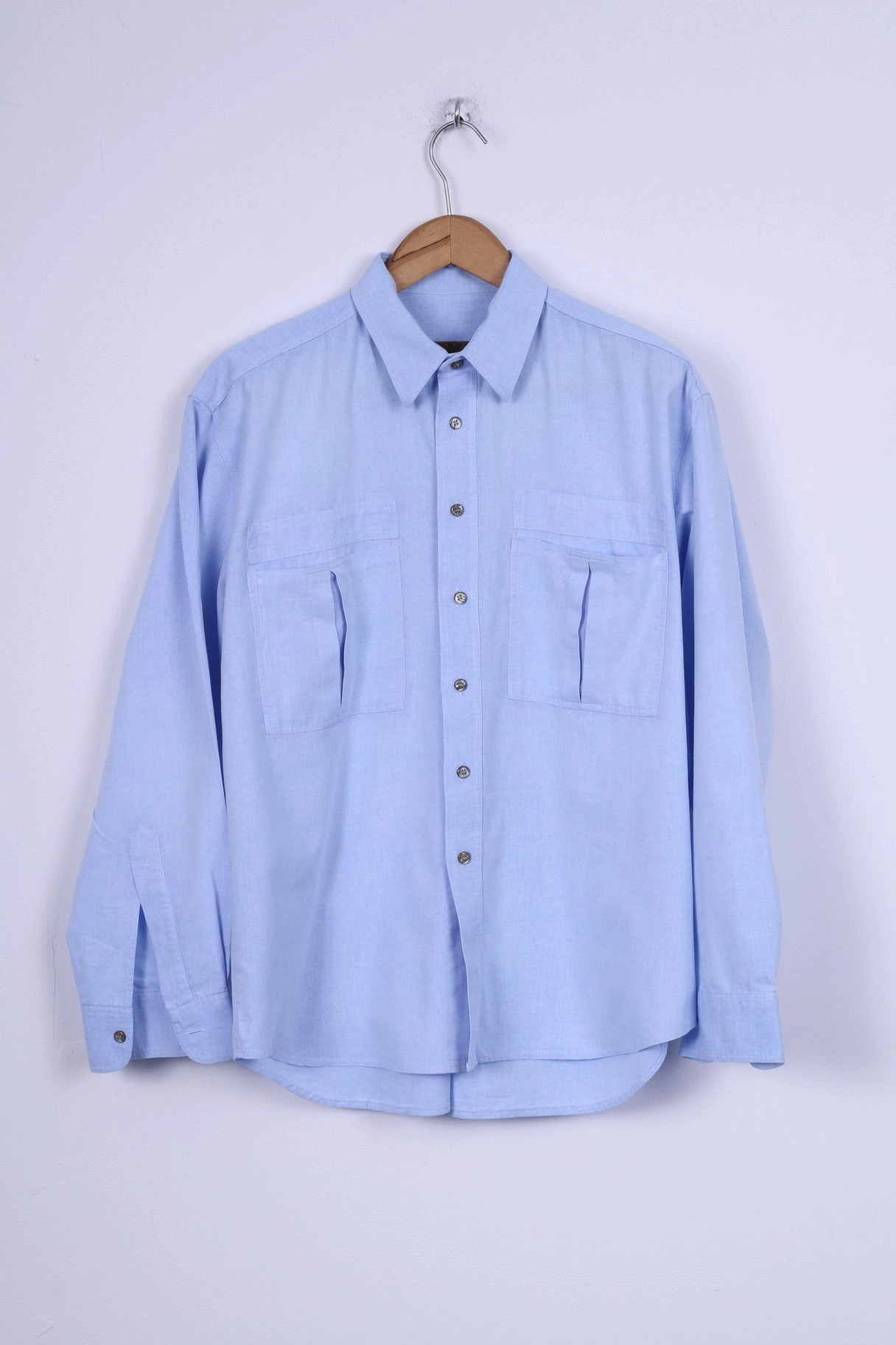 Jean Juubat Mens 42 M Casual Shirt Cotton Blue Long Sleeve Two Pockets Layering Piece Micro Perforated Texture