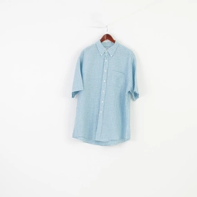 High-End Fashion Brooks Brothers Men XL Casual Shirt Blue Checkered Short Sleeve Bottoms Linen Top