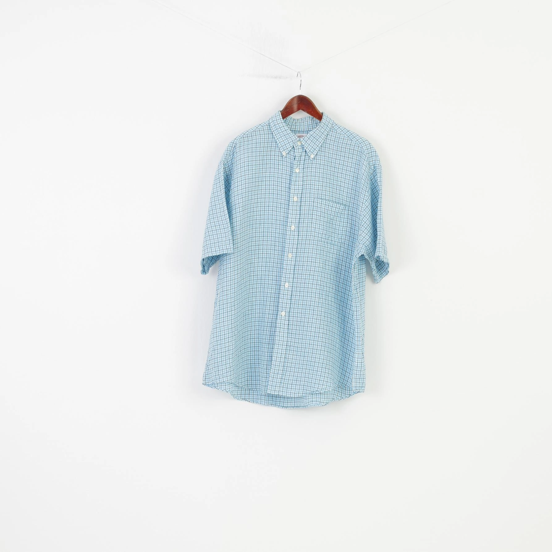 High-End Fashion Brooks Brothers Men XL Casual Shirt Blue Checkered Short Sleeve Bottoms Linen Top