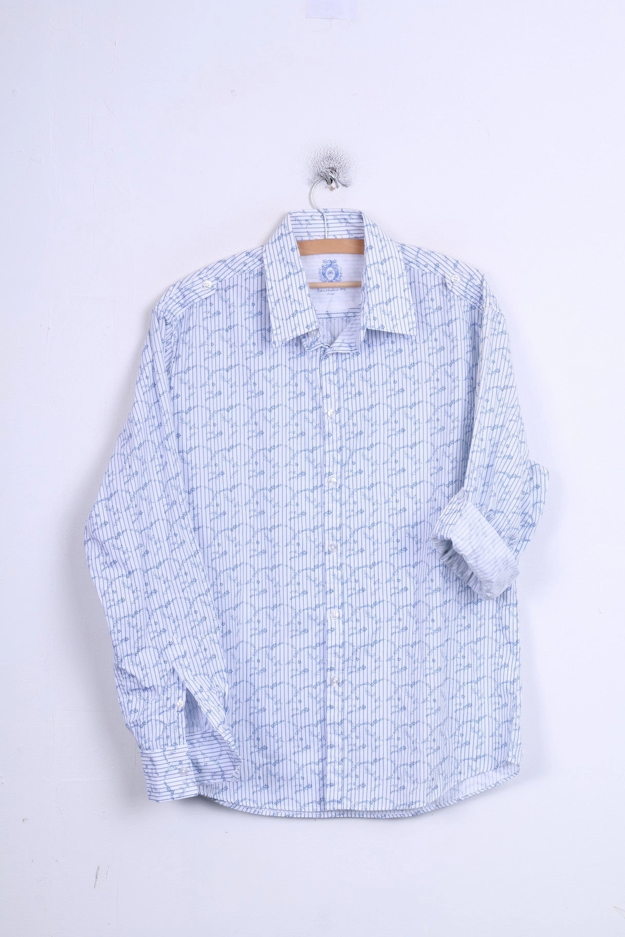 DENIM 73 Mens L Casual Shirt Long Sleeve White Striped Cotton Standard Collar Lightweight Feel