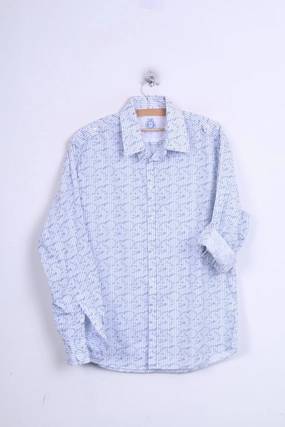 DENIM 73 Mens L Casual Shirt Long Sleeve White Striped Cotton Standard Collar Lightweight Feel