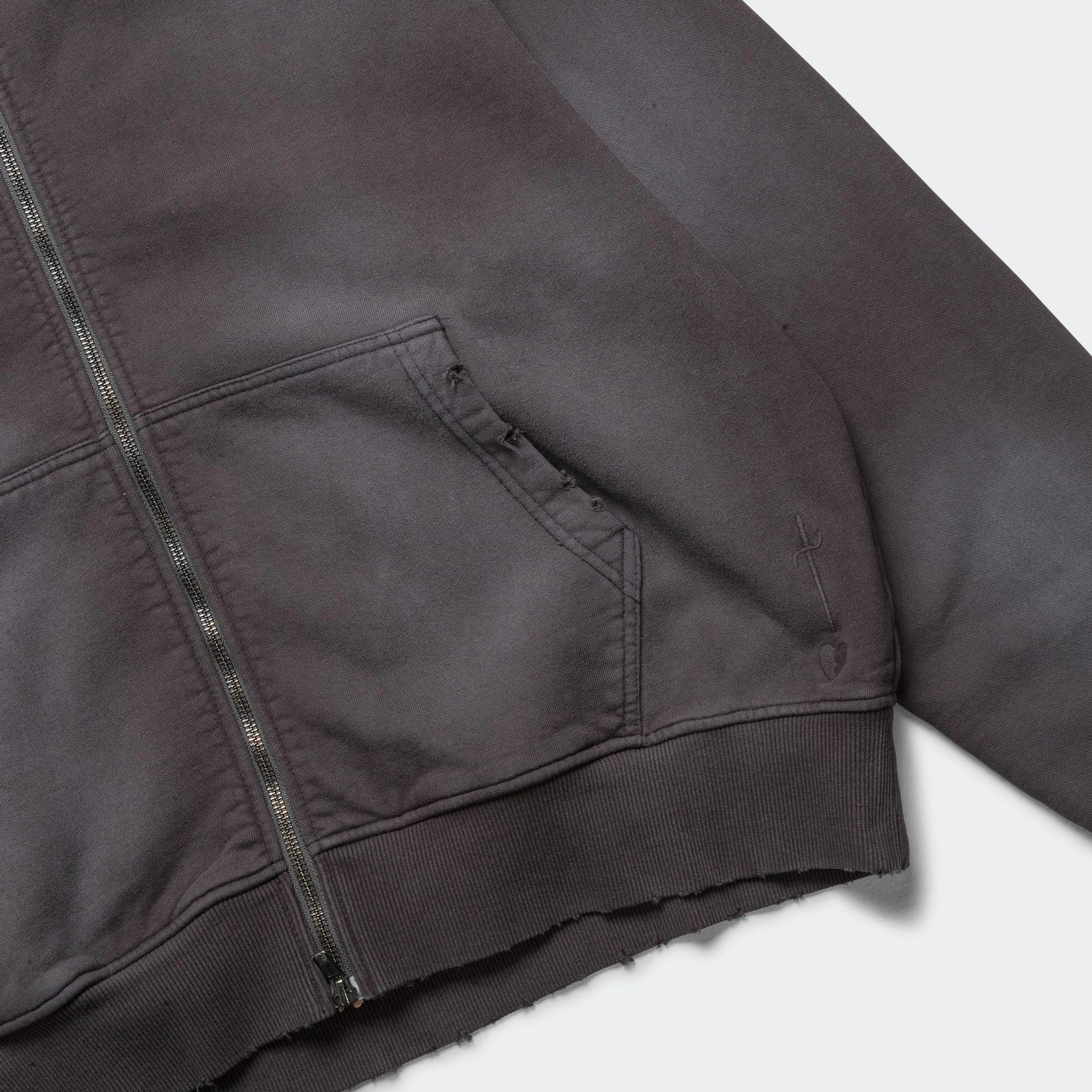 Rough texture Distressed Zip Hood - Washed Black