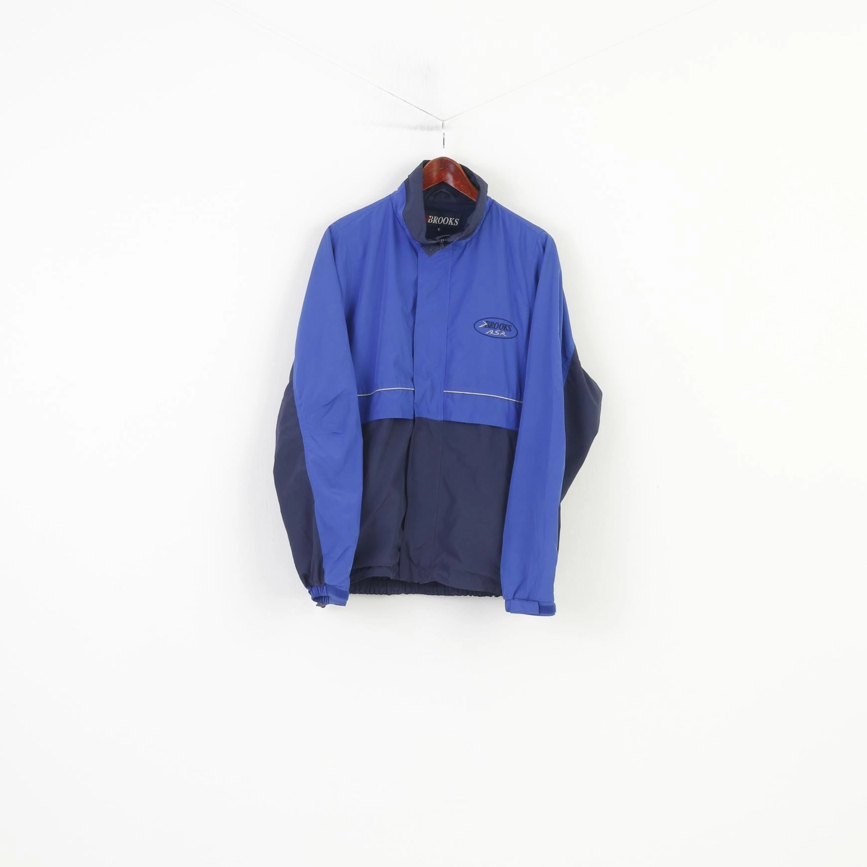 Brooks Men L Jacket Blue Navy Sport Lightweight Full Zipper Vintage Top Articulated Sleeve Cut