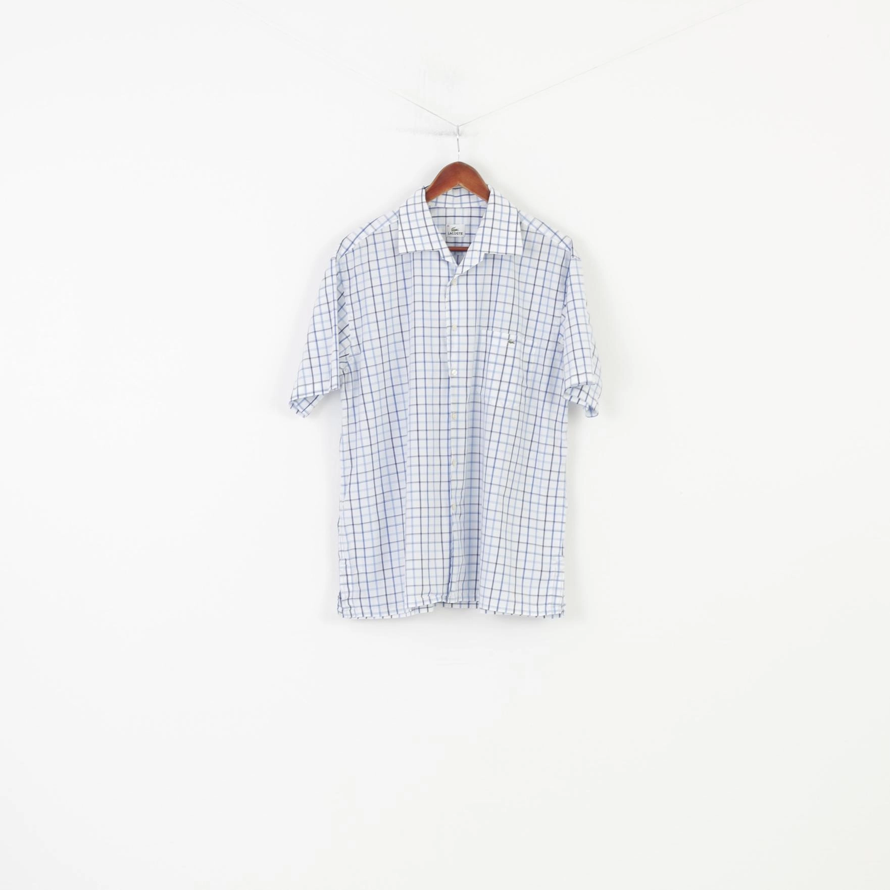 Lacoste Men 46 Casual Shirt Checkered Blue Short Sleeve Classic Collar Cotton Top Youth fashion Laser Cut Edge Detail