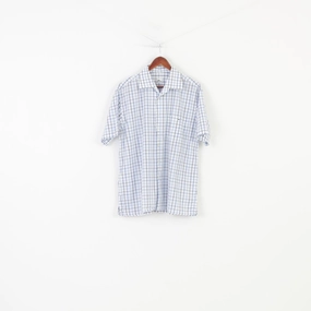 Lacoste Men 46 Casual Shirt Checkered Blue Short Sleeve Classic Collar Cotton Top Youth fashion Laser Cut Edge Detail