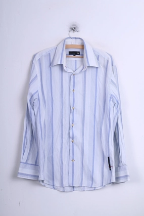 Duck and Cover Mens L Casual Shirt Point Collar Striped White Cotton Perfect Fit Teen Fashion