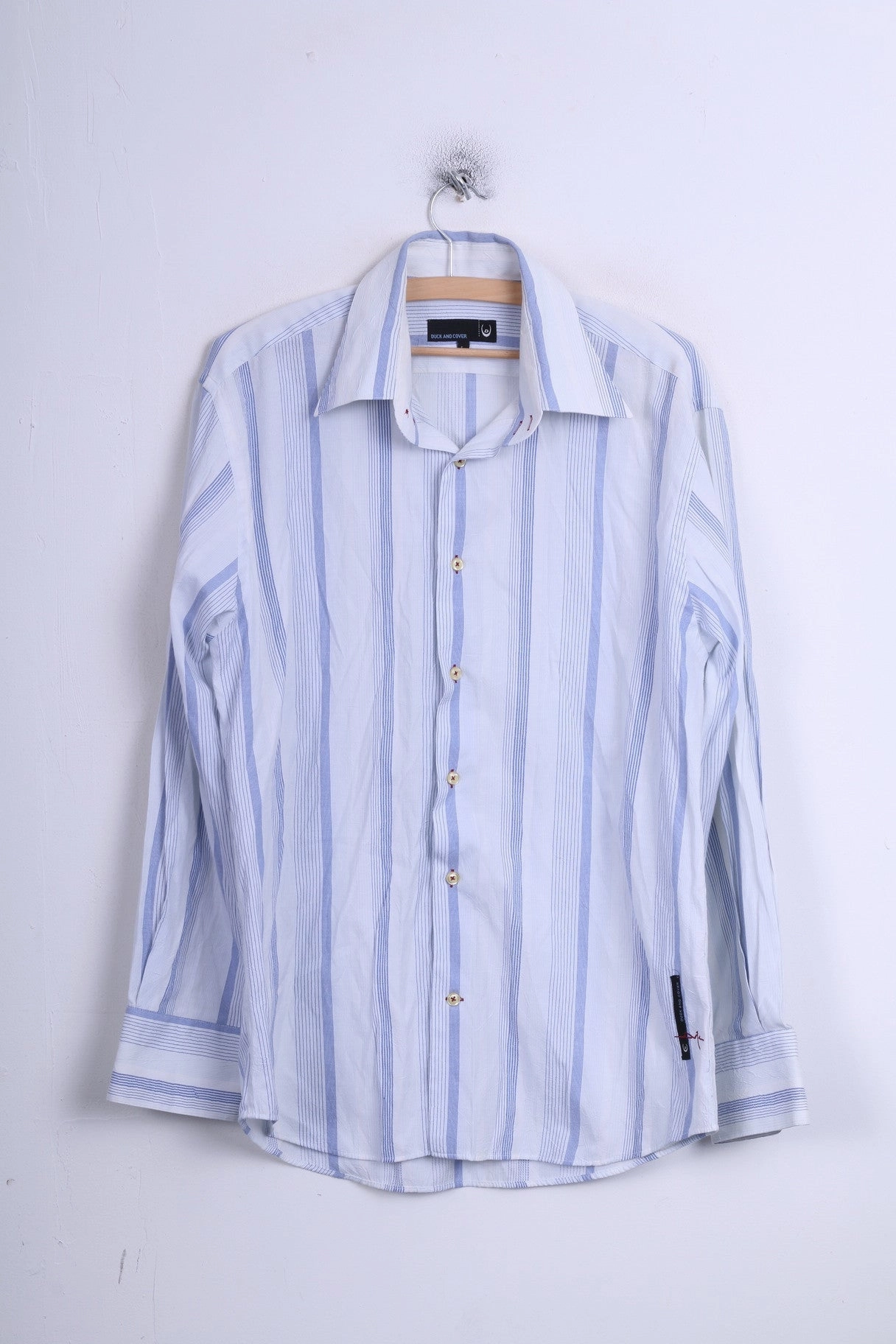 Duck and Cover Mens L Casual Shirt Point Collar Striped White Cotton Perfect Fit Teen Fashion