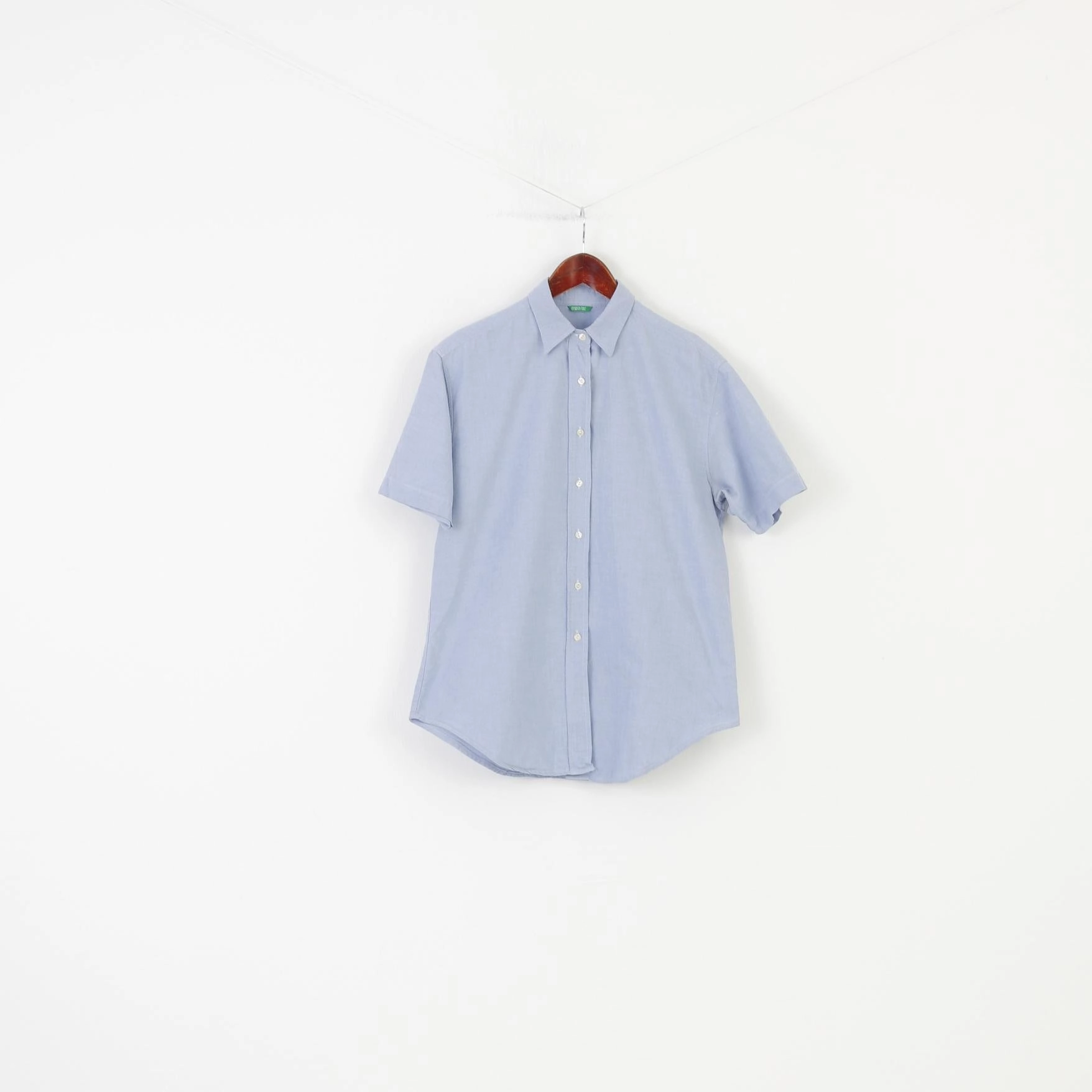 Made in Italy of Benetton Men 44 S Casual Shirt Blue short Sleeve Cotton Elegant Top Roll-Up Sleeve Durable Fabric