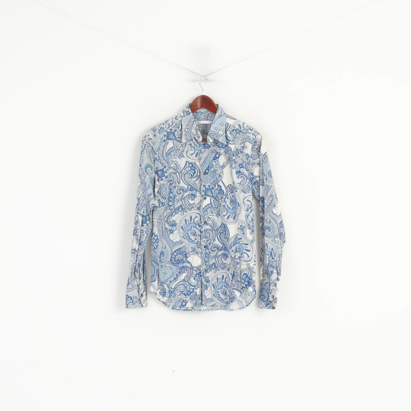 Morning Comfort Caliban Men 38 15 S Casual Shirt Blue Cotton Blue Printed Floral Retro Long Sleeve Top