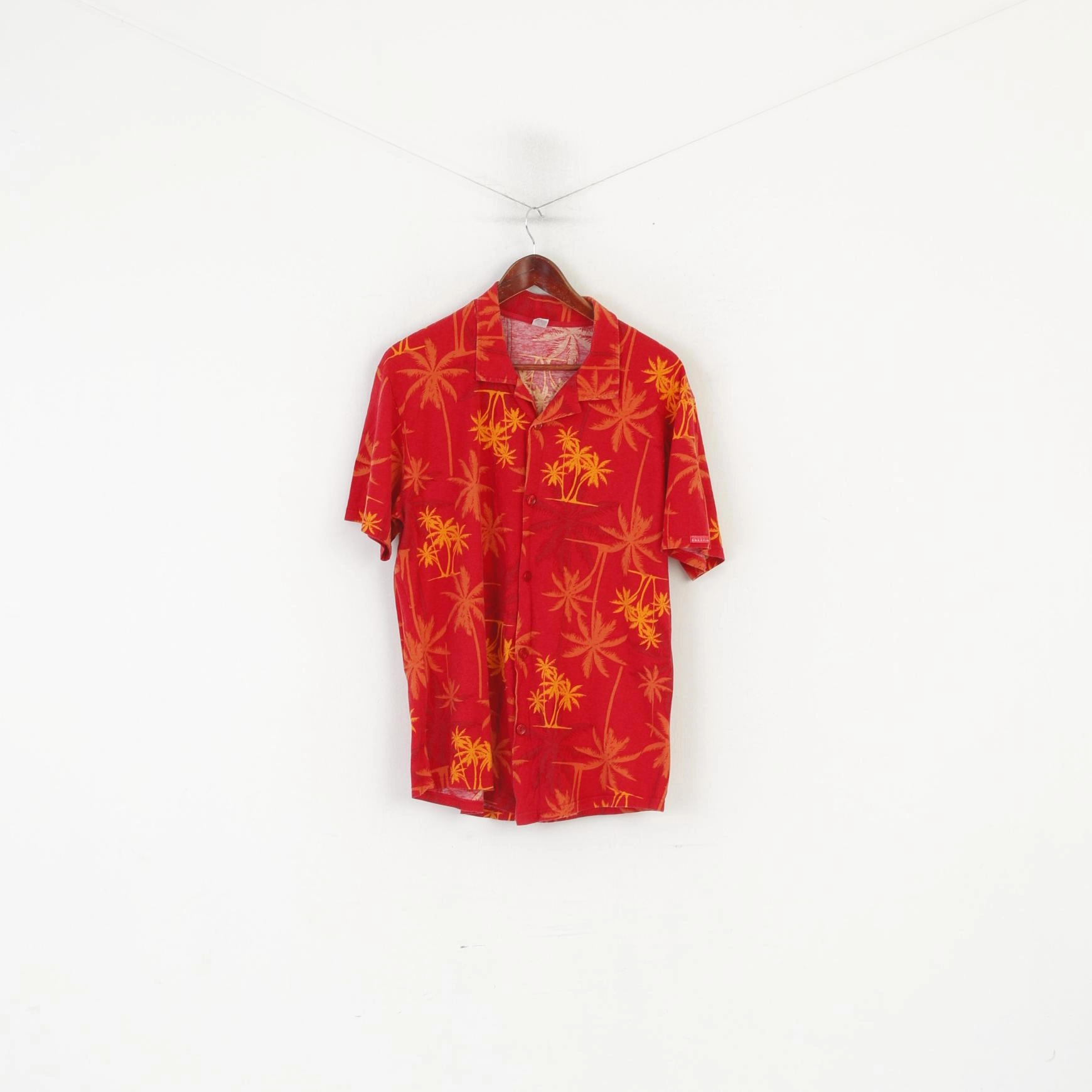 Calida Men L Casual Shirt Red Cotton Soft Palms Print Hawaii Short Sleeve Top Loose Fit