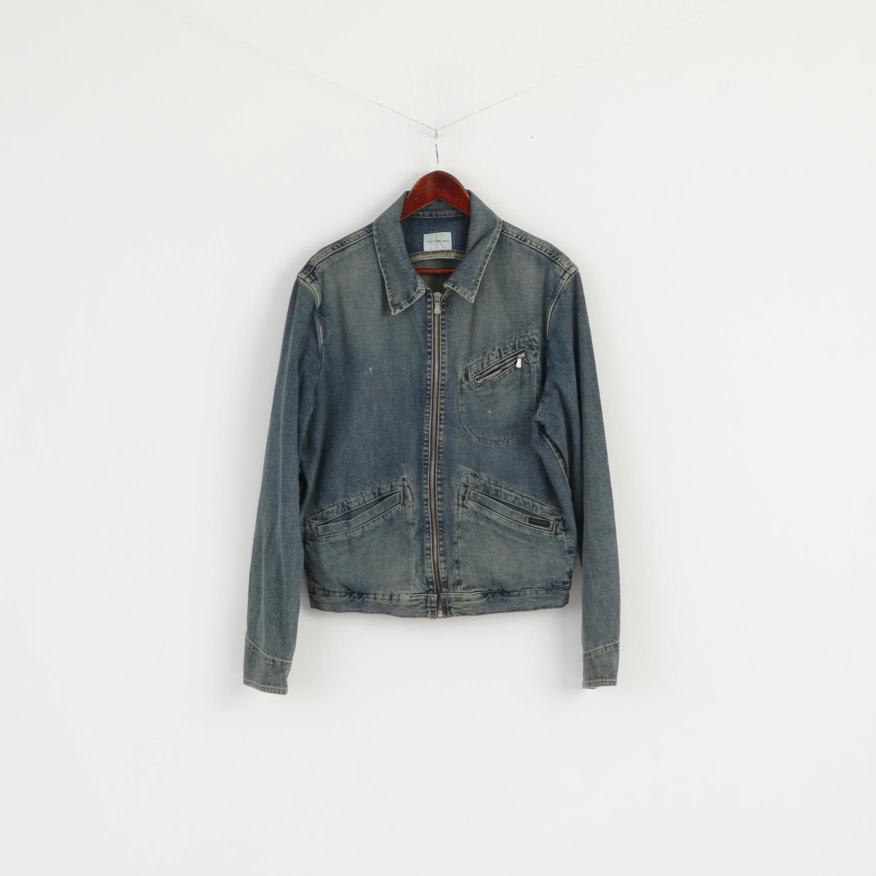 Calvin Klein Jeans Womens XL Denim Jacket Blue Cotton Full Zipper CK Detailed Unisex Top Windproof Construction