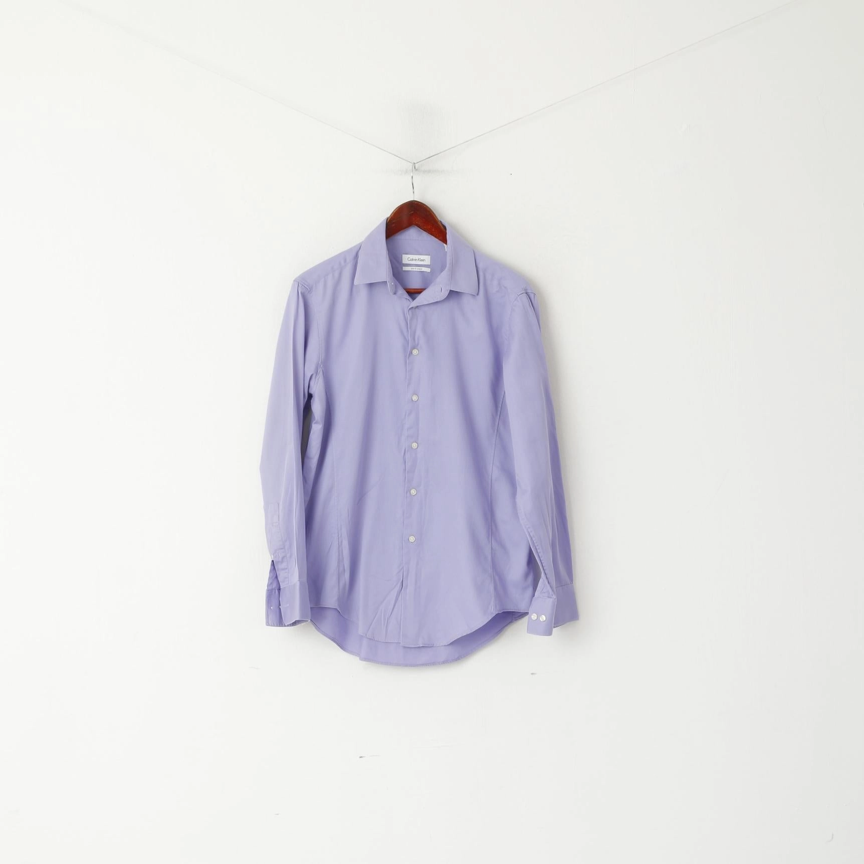 Calvin Klein Men 15.5 32/33 M Casual Shirt Purple Cotton Slim Fit Stretch Long Sleeve Top natural fiber Stretch Fabric