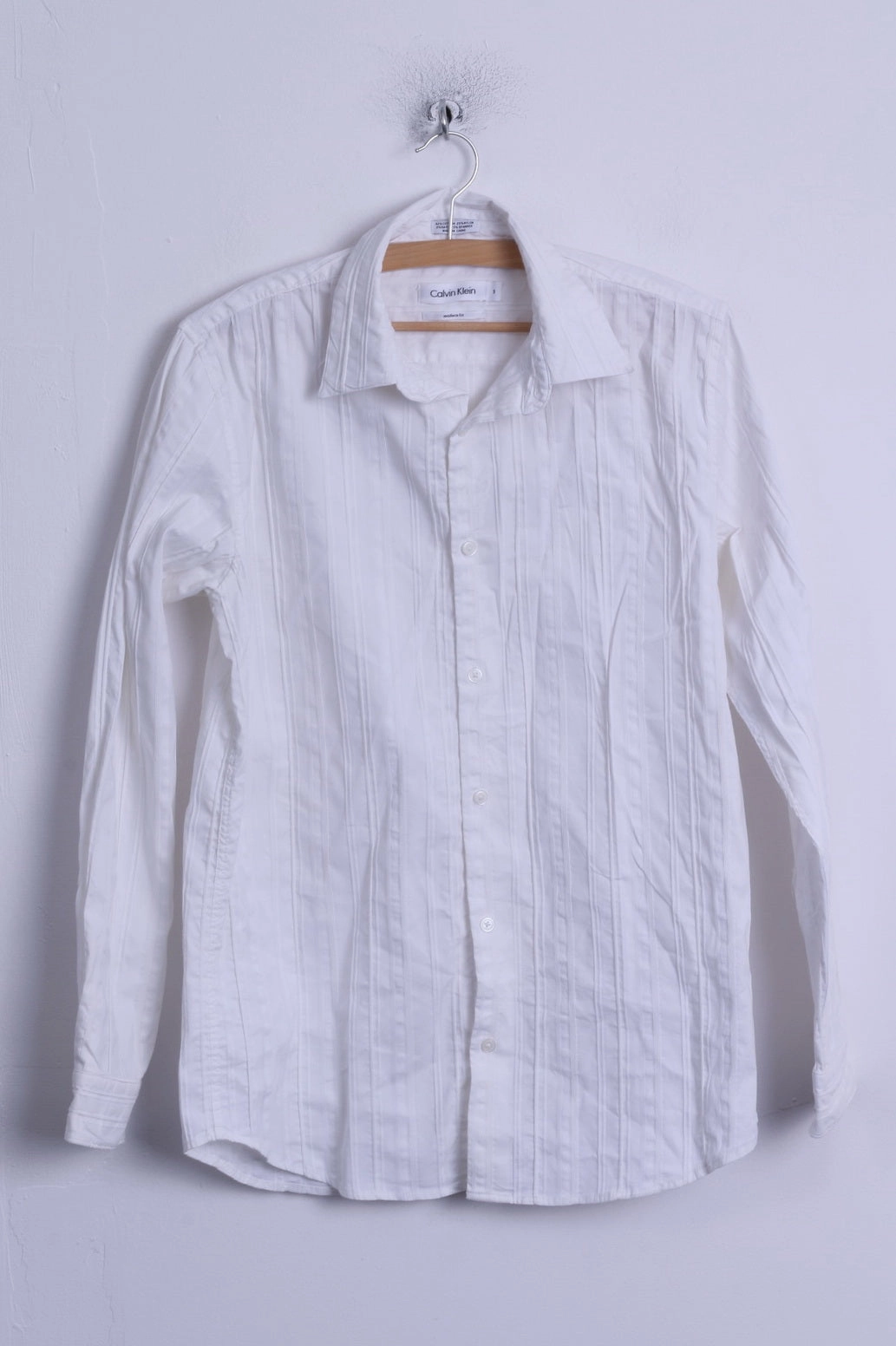 Calvin Klein Mens S Casual Shirt White Modern Fit Cotton Long Sleeve Striped Seamless Shoulder Construction Compact Packing