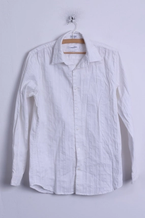 Calvin Klein Mens S Casual Shirt White Modern Fit Cotton Long Sleeve Striped Seamless Shoulder Construction Compact Packing