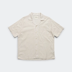 Versatile Layering Camp Collar SS Shirt - Sand Tonal Embroidery