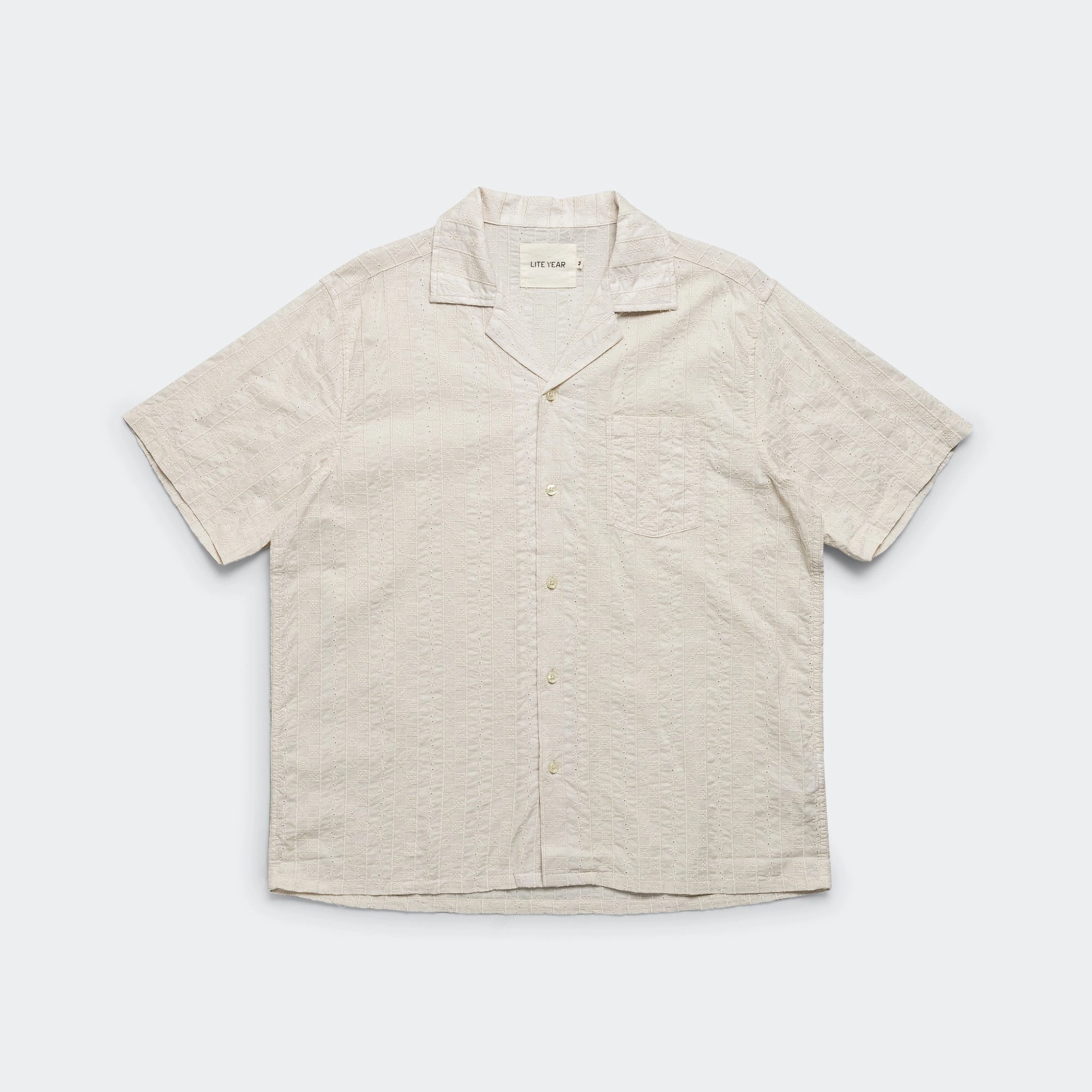 Versatile Layering Camp Collar SS Shirt - Sand Tonal Embroidery