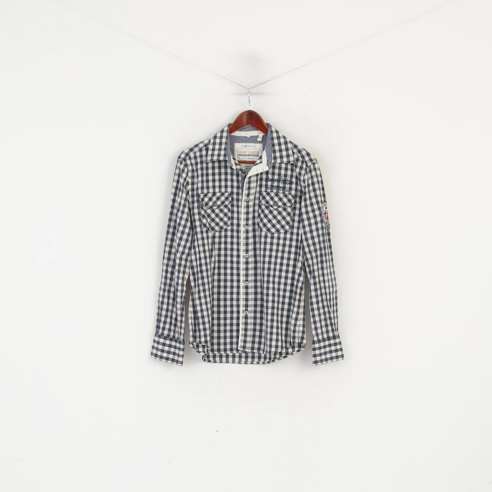 Black Tie Optional Split hem Camp David Men M Casual Shirt Navy Cotton Check Long Sleeve Muscle Fit Top