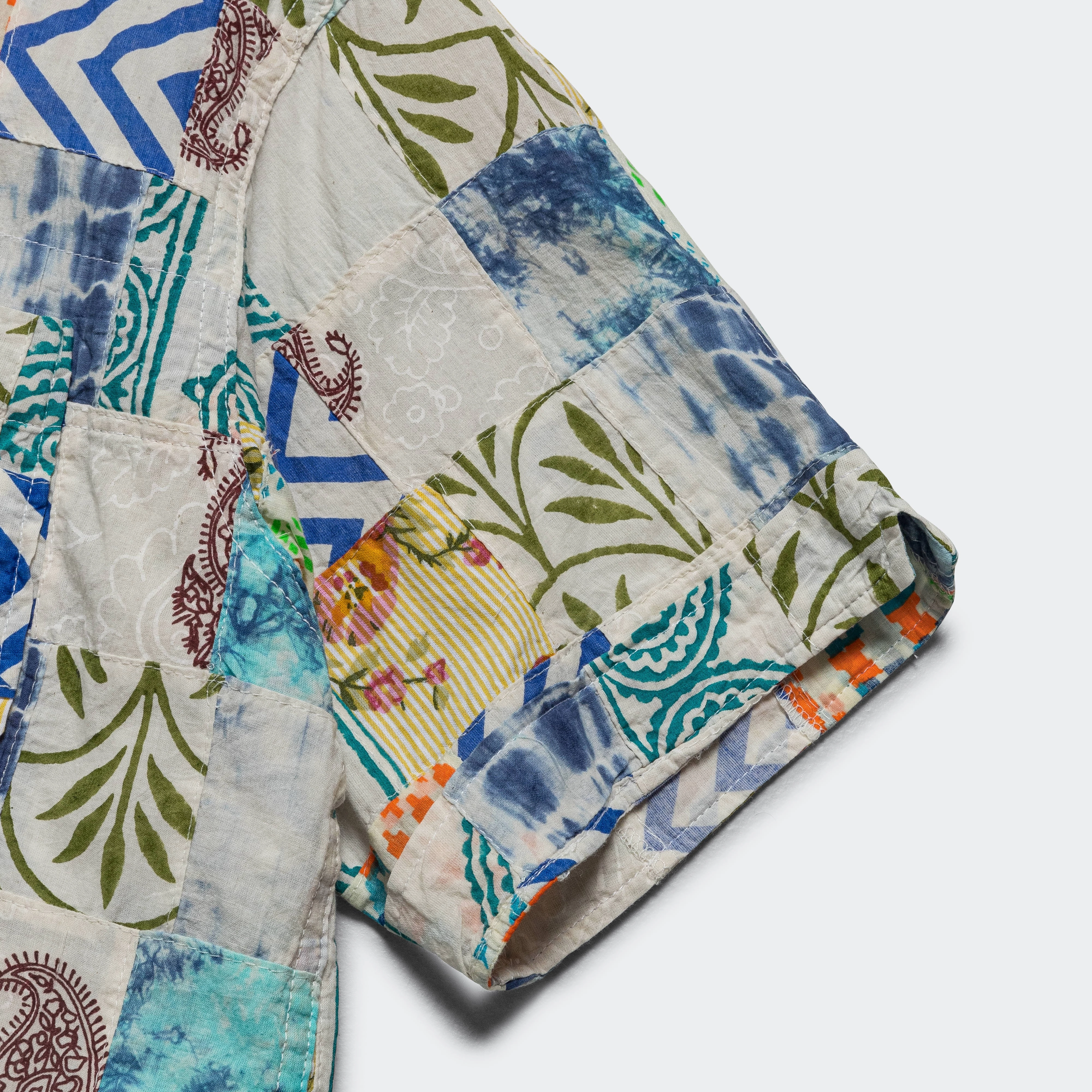 Timeless Piece Camp Shirt - White/Blue Ethno Print Patchwork