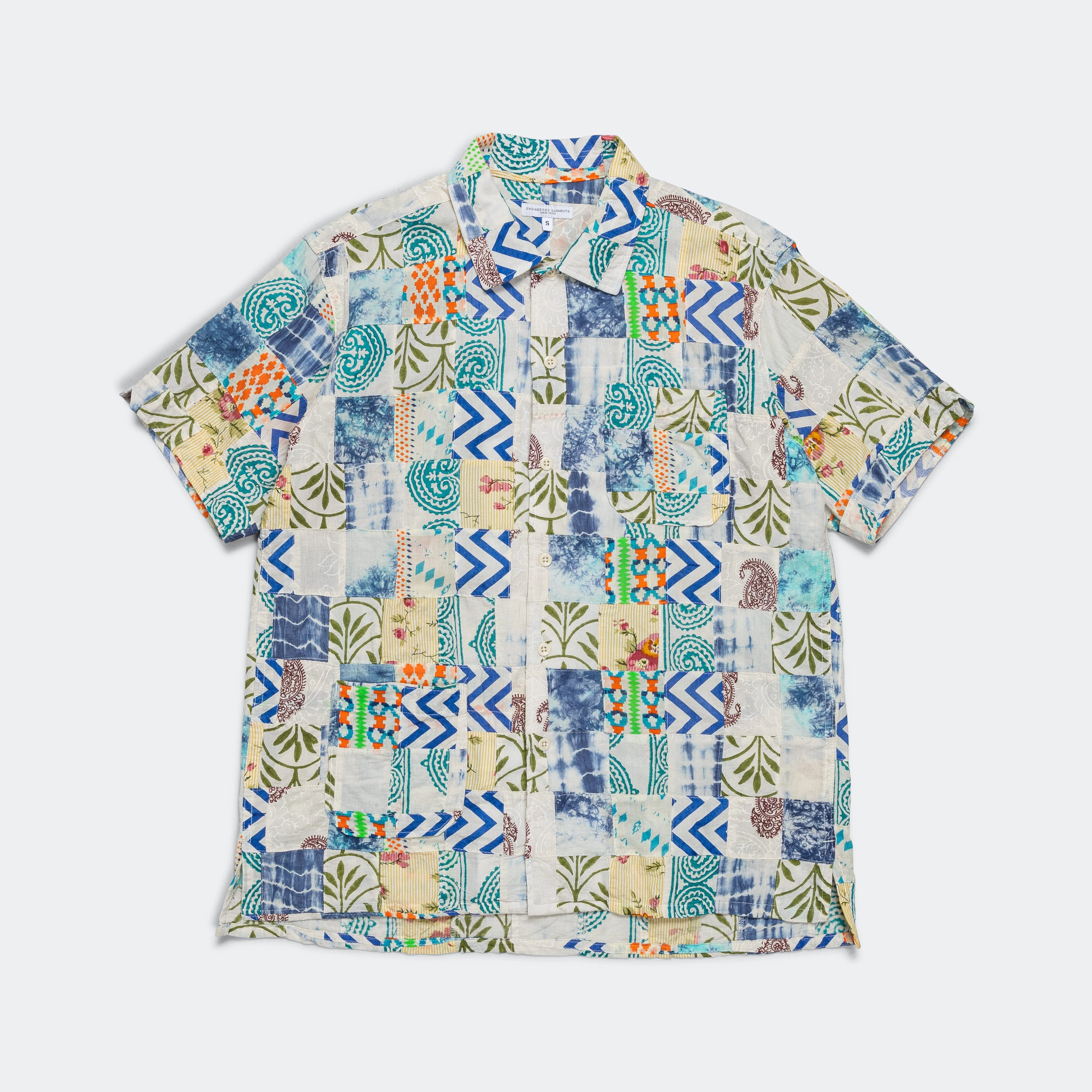 Camp Shirt - White/Blue Ethno Print Patchwork Fashionable Pick