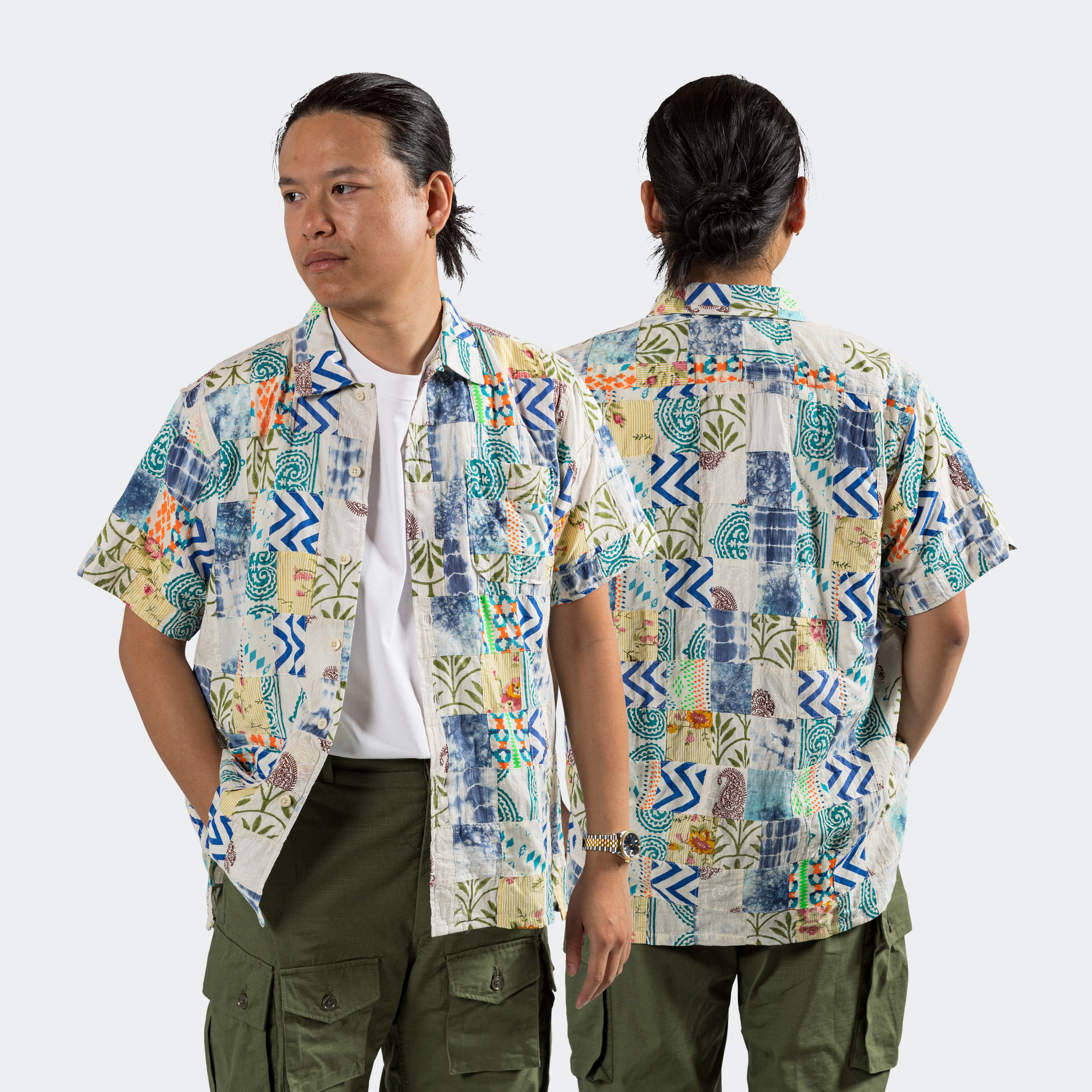 fade resistant color Loose Fit Camp Shirt - White/Blue Ethno Print Patchwork