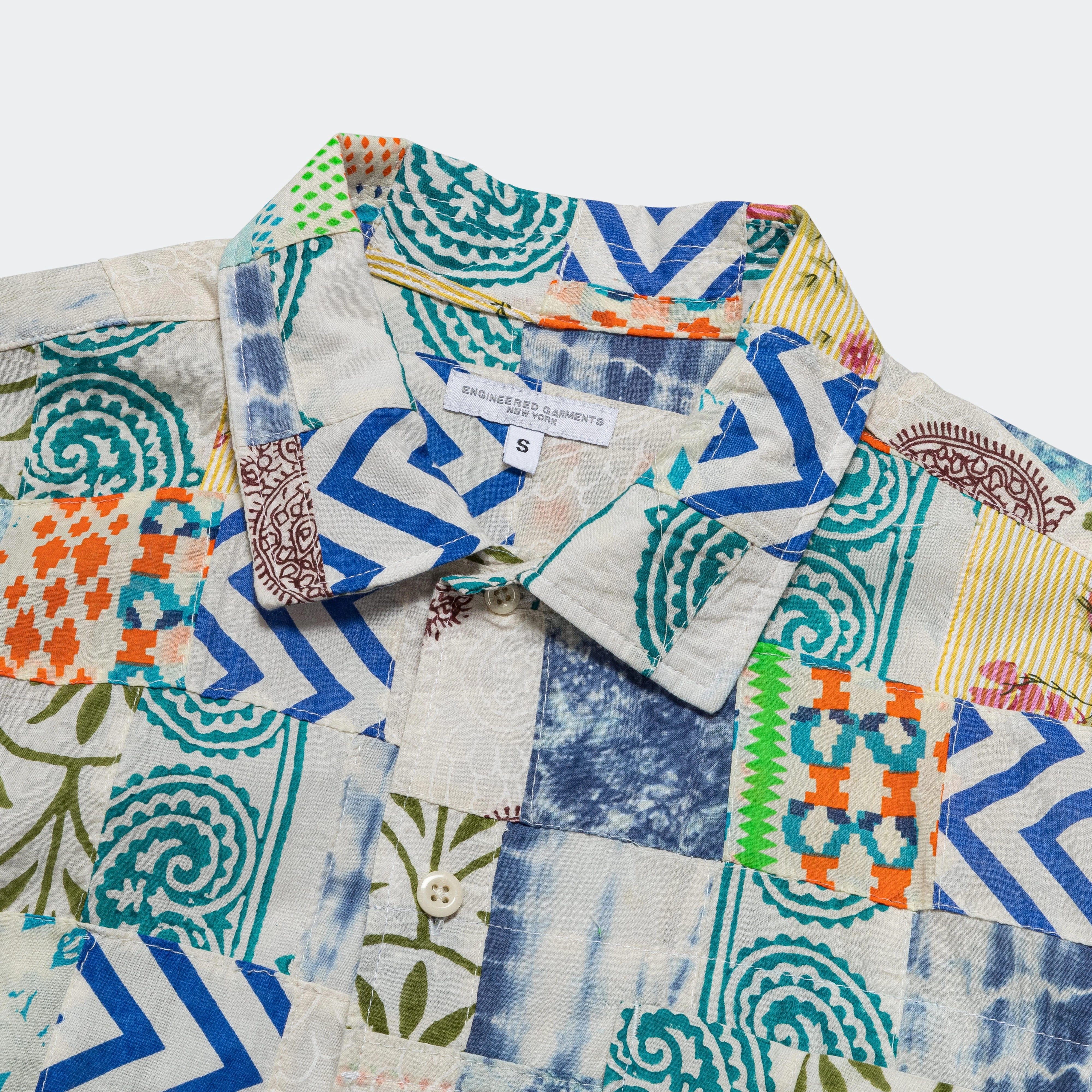 birthday party Camp Shirt - White/Blue Ethno Print Patchwork