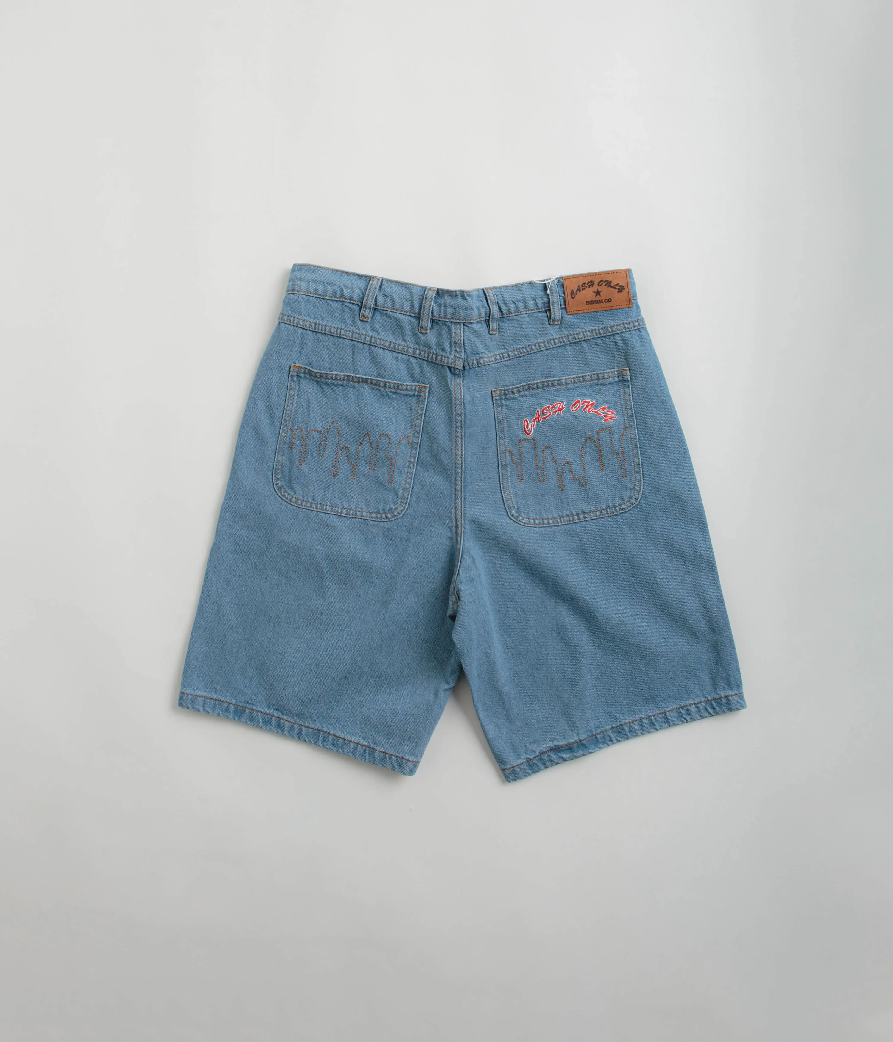 Non Irritating Seams SeamlessConstruction Cash Only Logo Denim Shorts - Washed Indigo