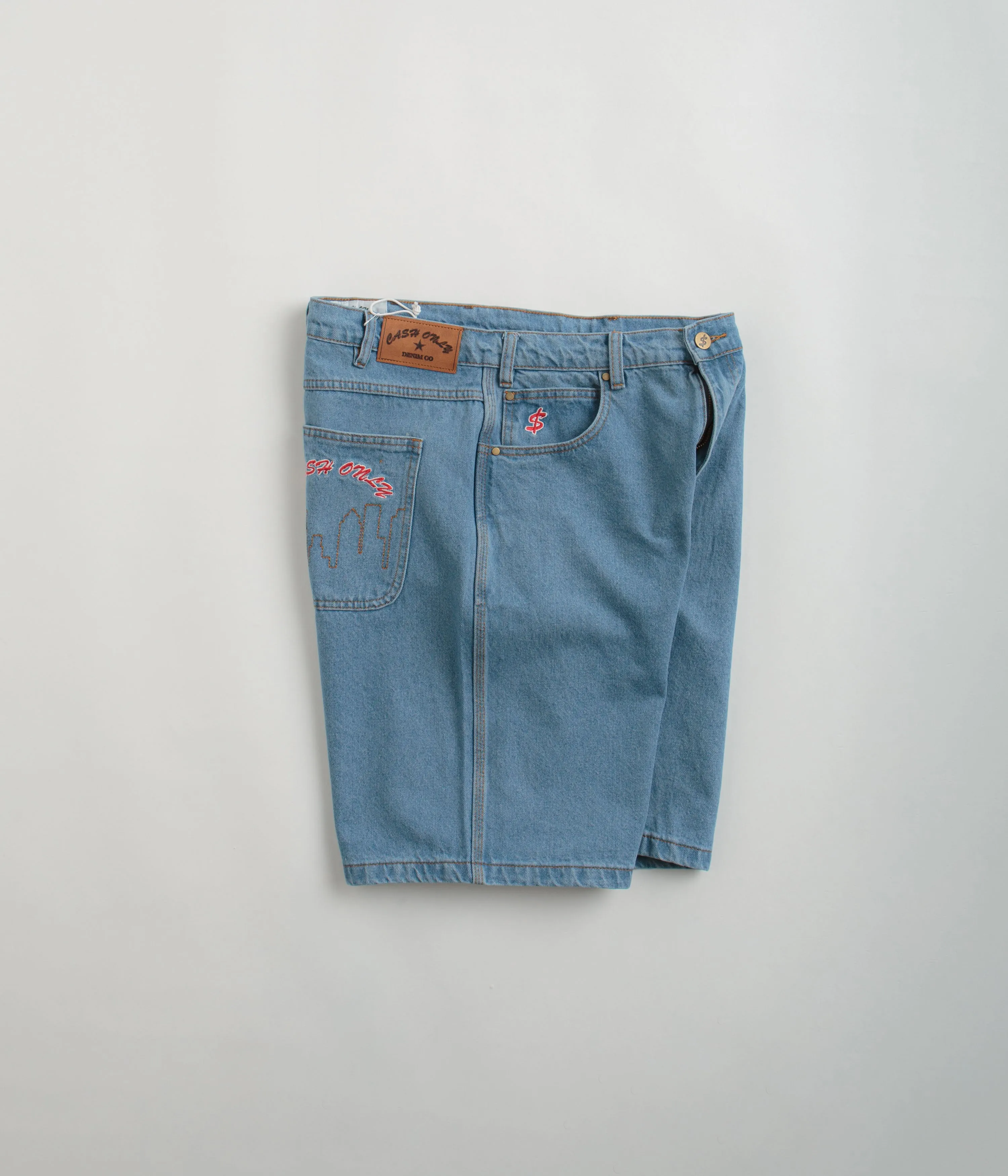 Cash Only Logo Denim Shorts - Washed Indigo Seamless Waistband high - rise