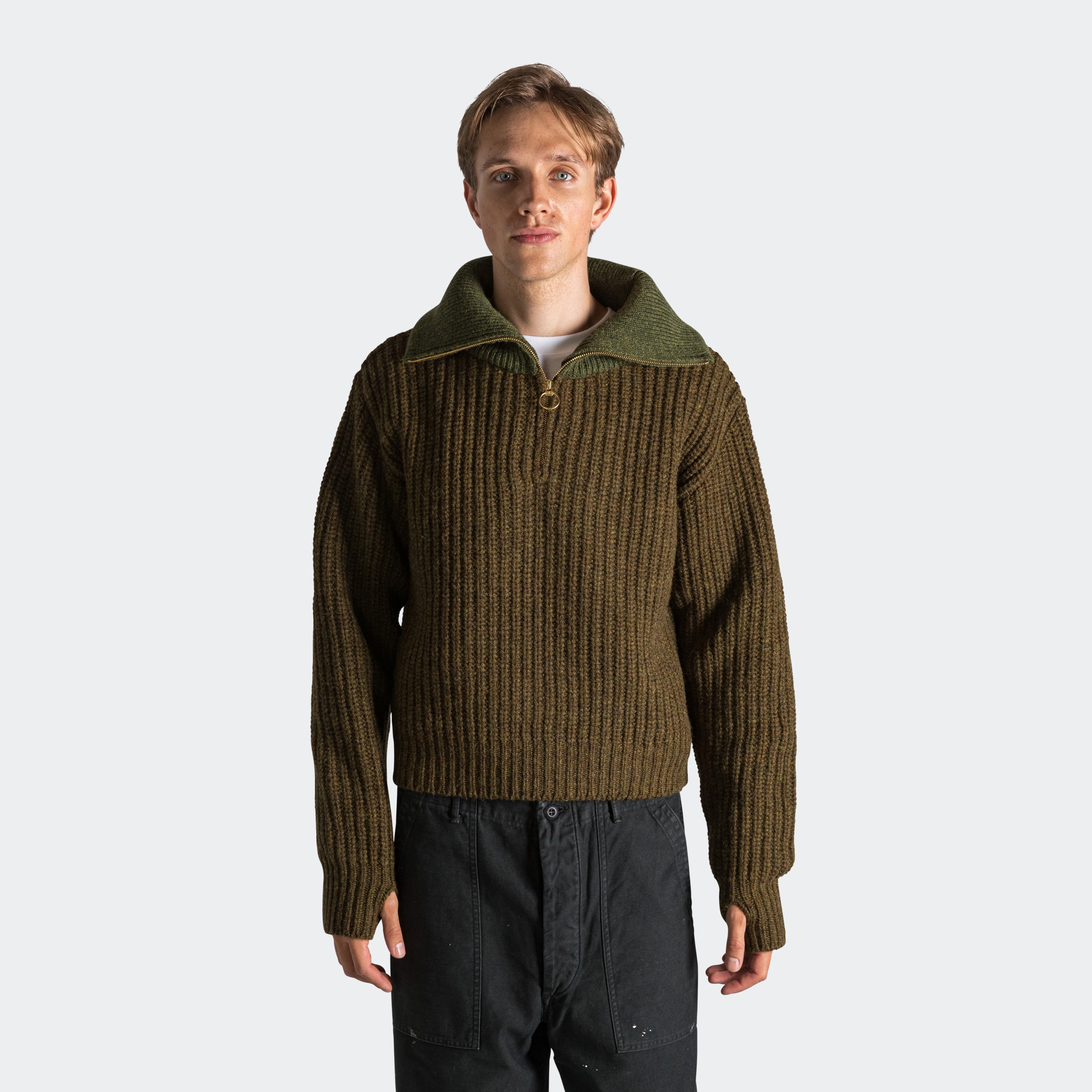 3G Wool Cable Knit ZIP UP Pullover - Khaki City Trend