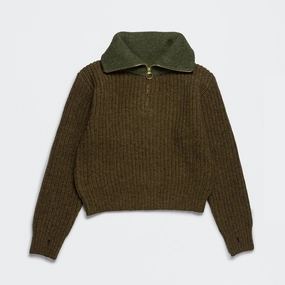 Brushed Inner Layer 3G Wool Cable Knit ZIP UP Pullover - Khaki