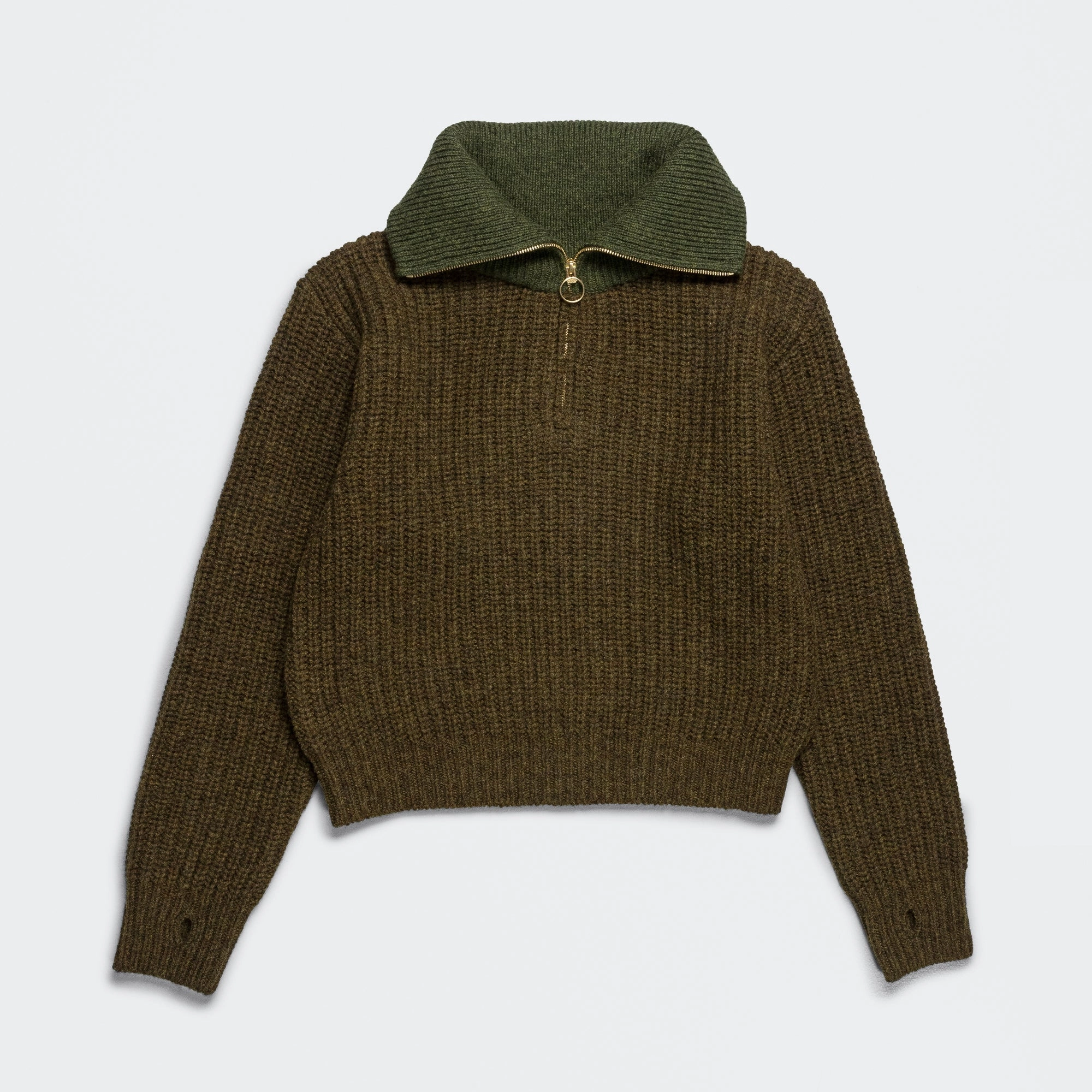Brushed Inner Layer 3G Wool Cable Knit ZIP UP Pullover - Khaki