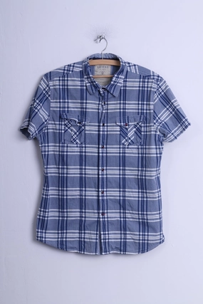 Moisture wicking GUESS Mens M Casual Shirt Blue Cotton Checkered Popper uttons Short Sleeve