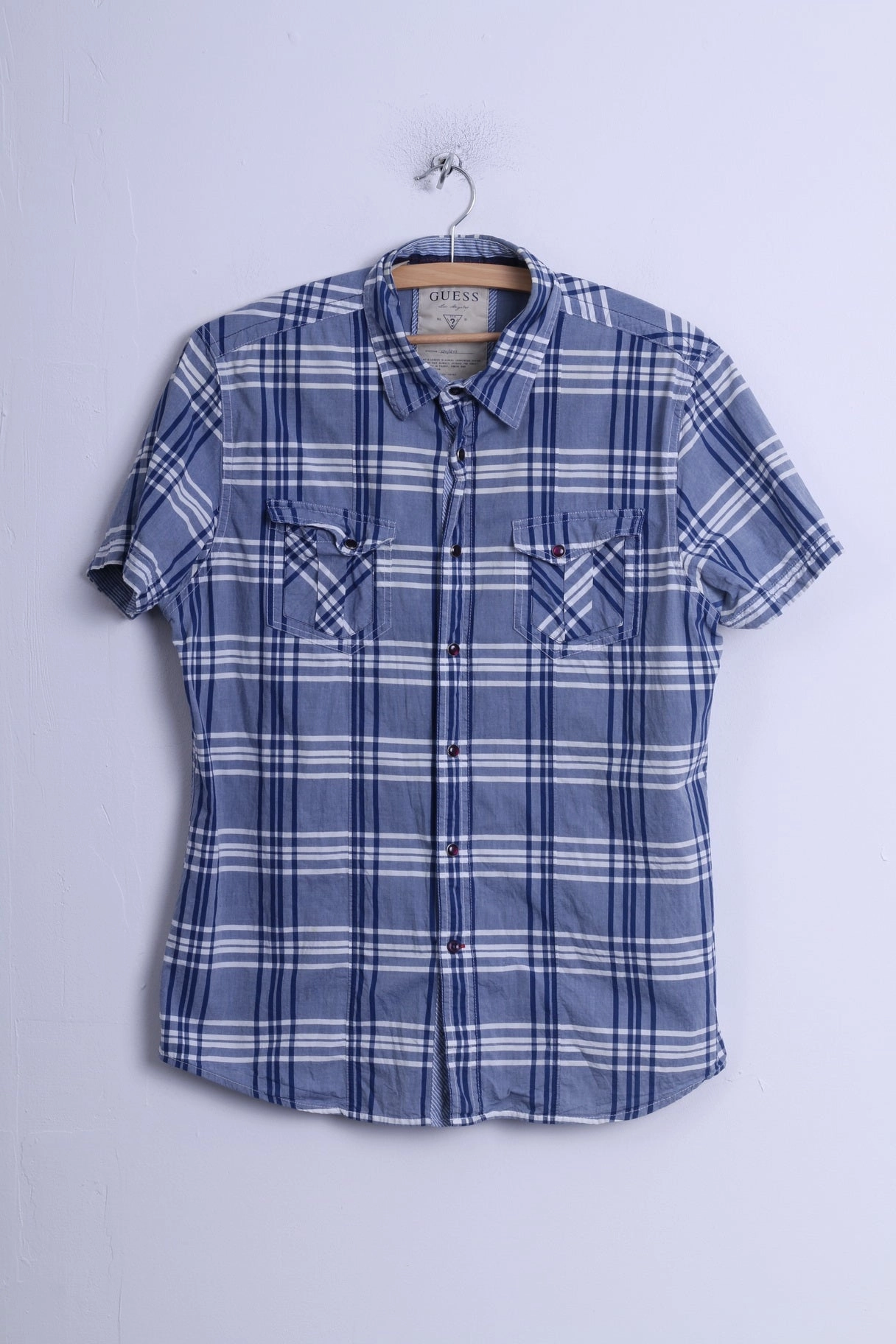 Moisture wicking GUESS Mens M Casual Shirt Blue Cotton Checkered Popper uttons Short Sleeve