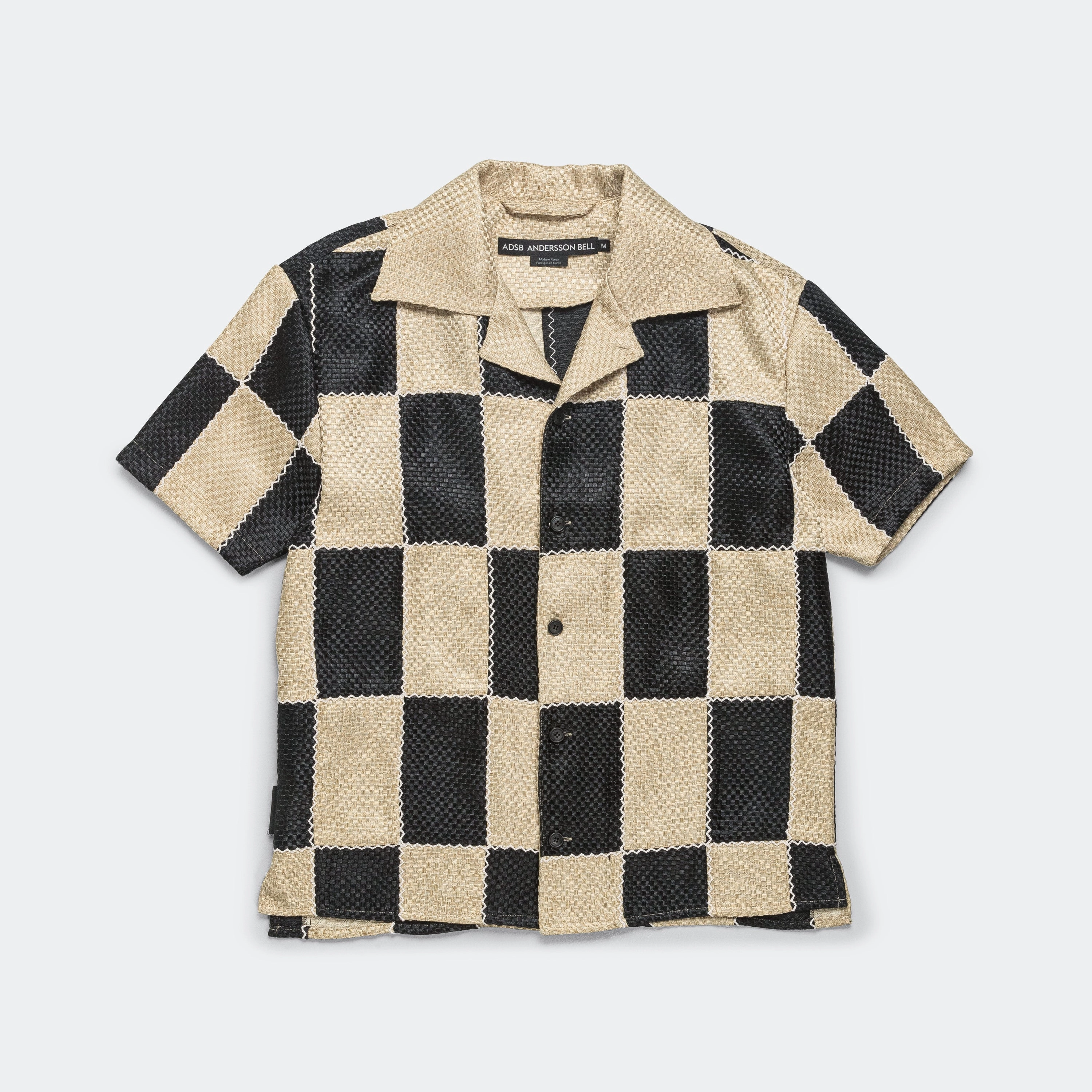 Patchwork Open Collar SS Shirt - Black/Beige Minimalist Closure Petite Cut