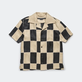 Patchwork Open Collar SS Shirt - Black/Beige Minimalist Closure Petite Cut