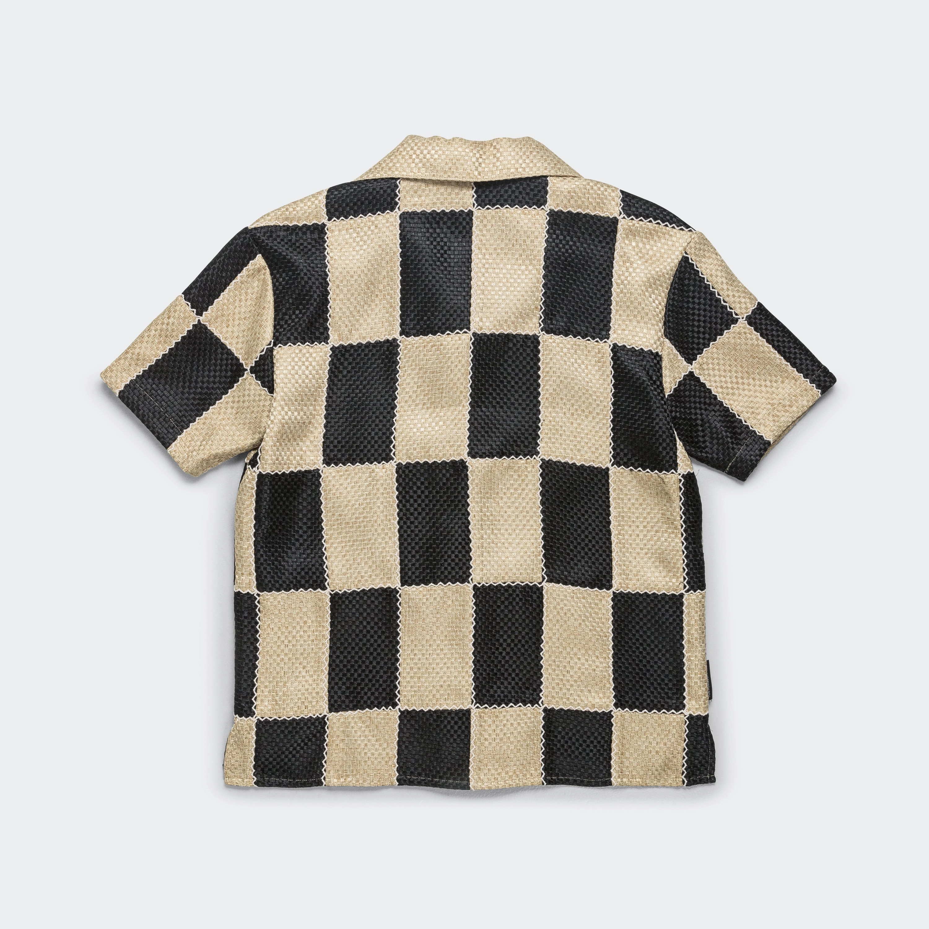 Layered Design Patchwork Open Collar SS Shirt - Black/Beige