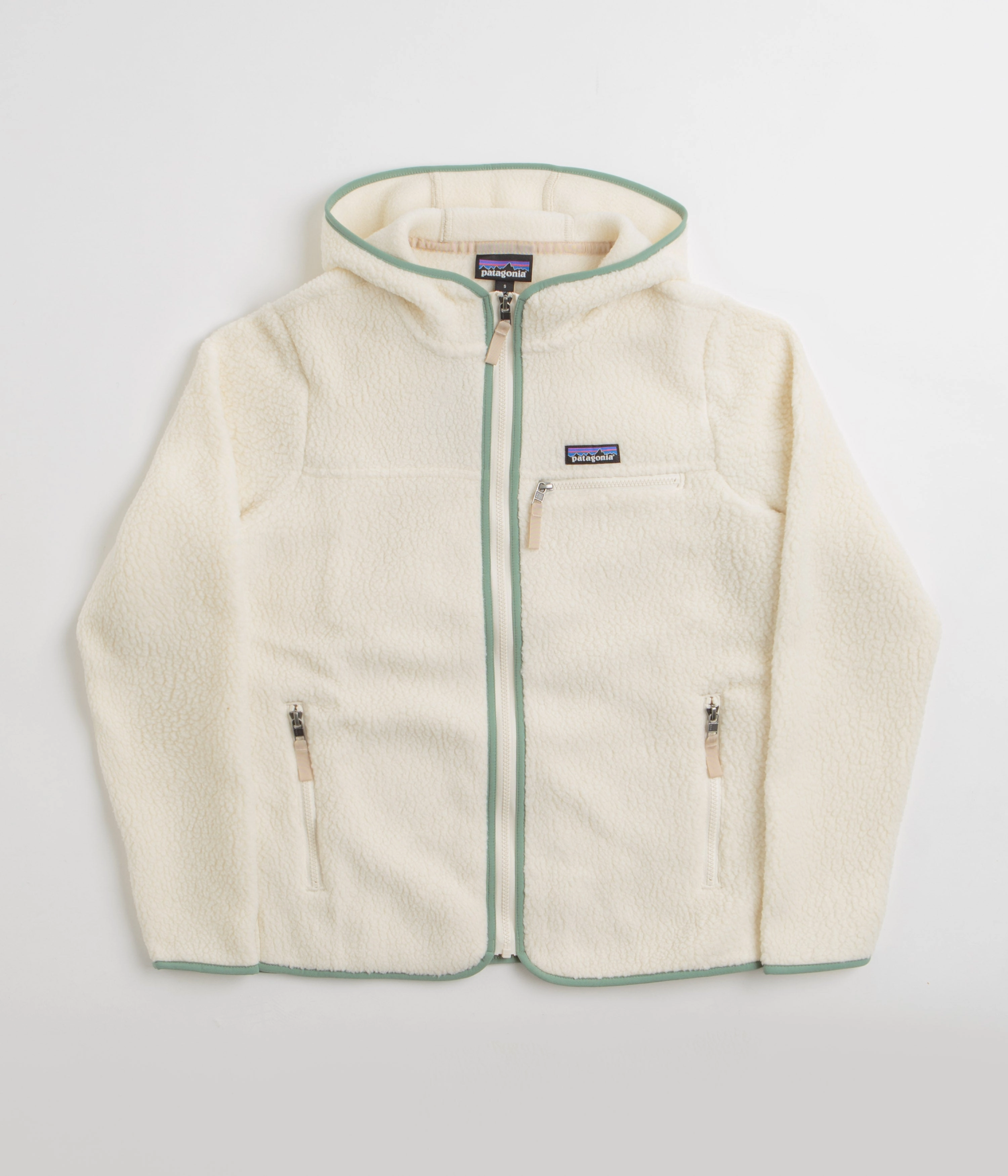 Daily Style Patagonia Womens Retro Pile Hooded Fleece - Natural / Ellwood Green