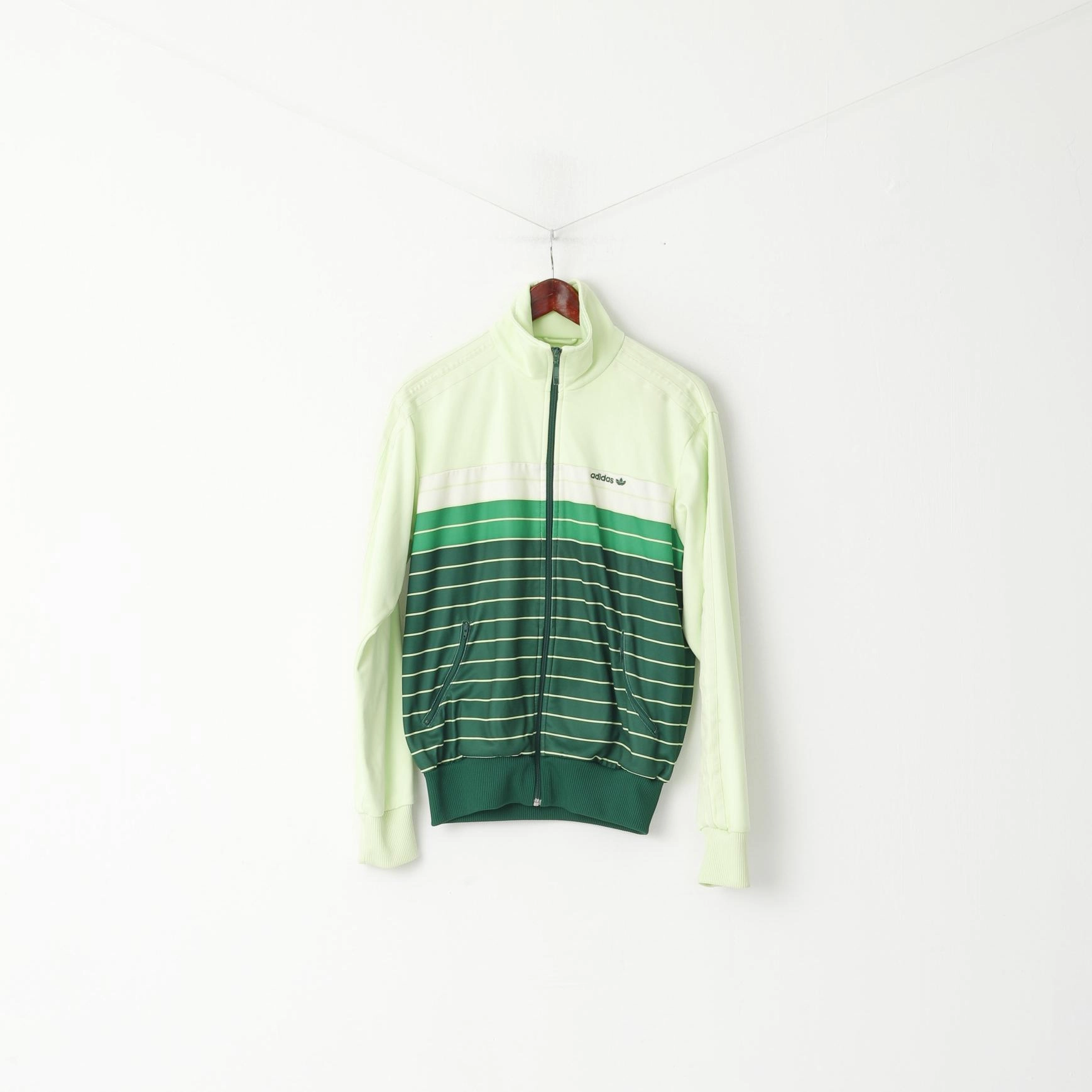 Classic Layer Performance Ready Adidas Men M (S) Sweatshirt Lime Green Shiny Striped Full Zipper Activewear Top