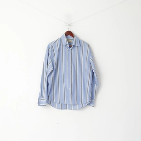 Joe Browns Men L Casual Shirt Blue Striped Cotton Long Sleeve Classic Top Multipocket Style